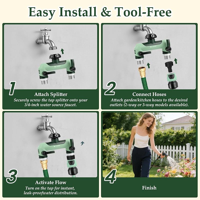 Distribuitor de apă Landrip cu 2 căi de 3/4 inch, etanș, rezistent la frig și UV, pentru irigarea grădinii, mașini de spălat și rulote, verde