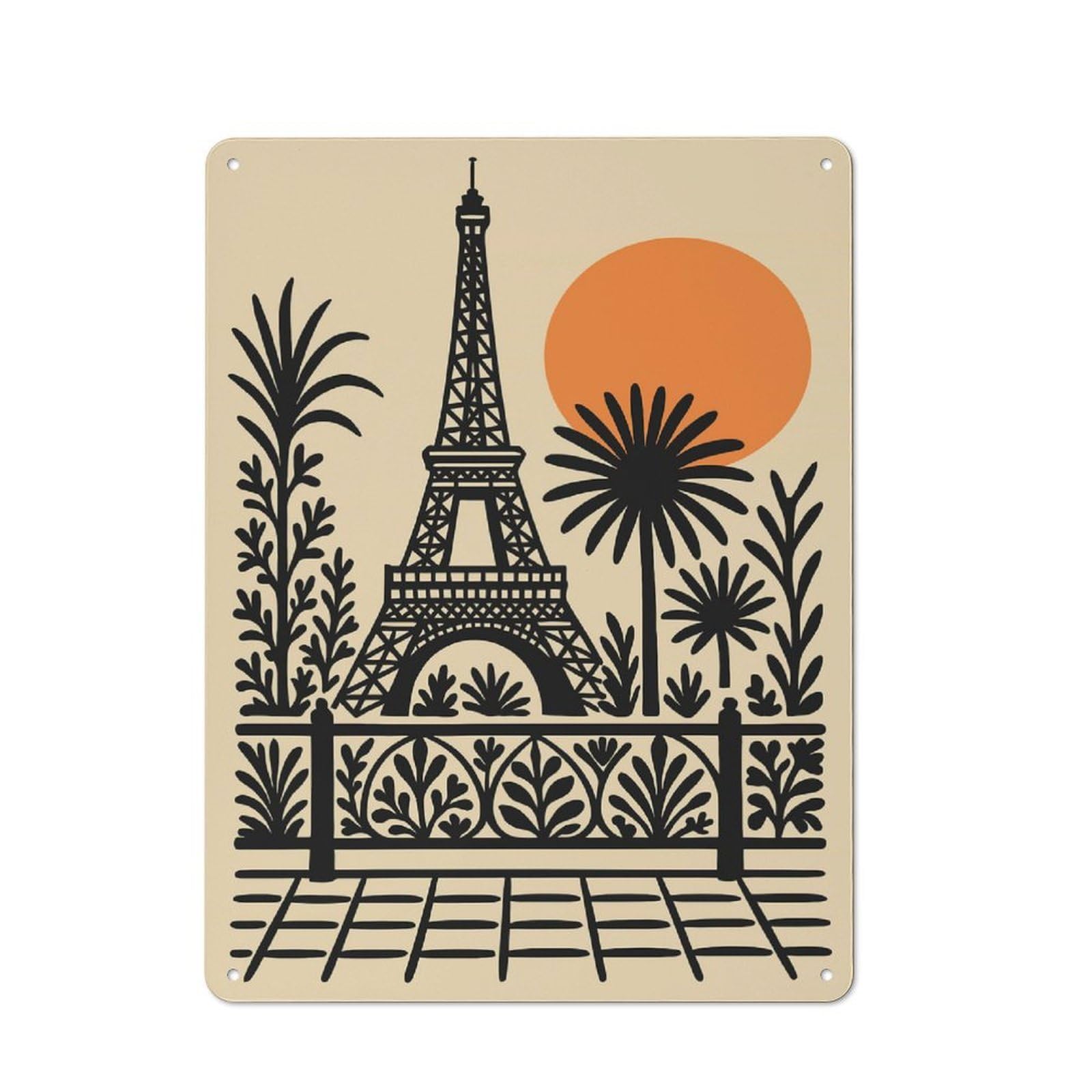 Junmoney Style-3 Eiffel Tower Illustration With Tropical Plants Vintage Metal Sign 40X30cm, Vintage Bistro Wall Plaque For Coffee Bar, Small Shop Or Dining Room