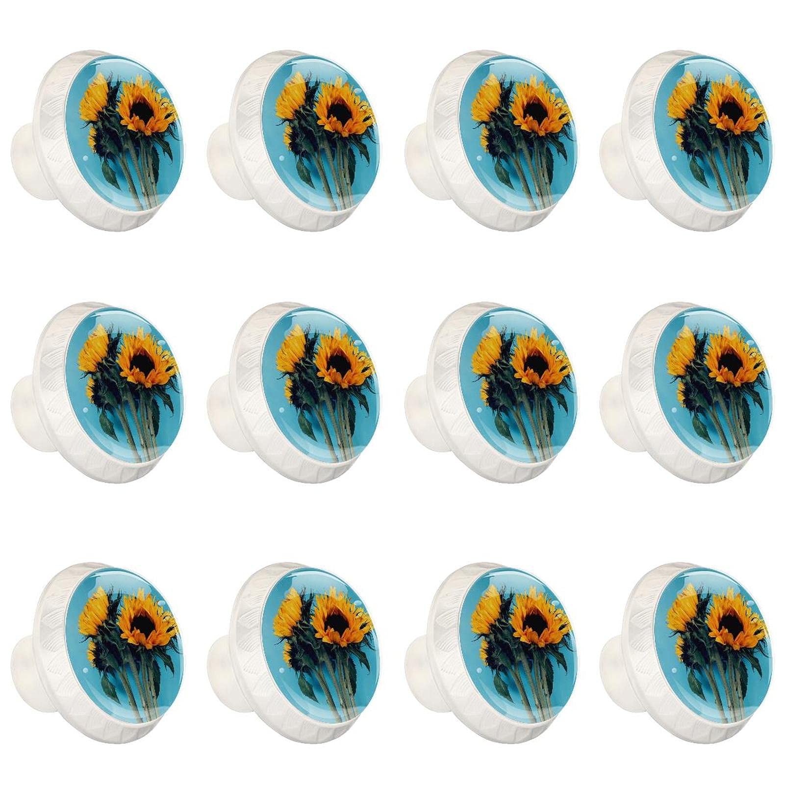Boutons d'armoires de cuisine lot de 12 poignées rondes motif tournesol bleu pour tiroirs