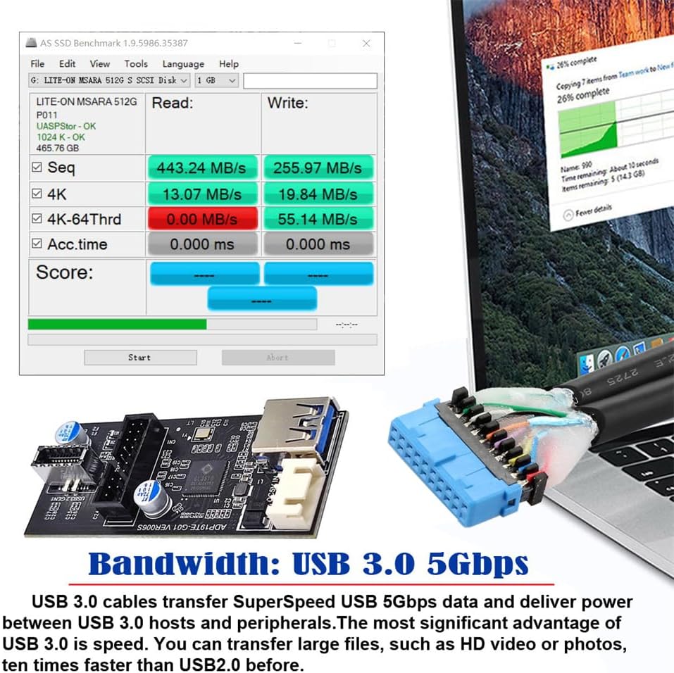 xiwai USB 3.0 19/20Pin & Type-E Female Header Splitter to Dual Type-E & USB 3.0 20Pin Outputs, 5Gbps, Black, 11cm Cable, PC Adapter