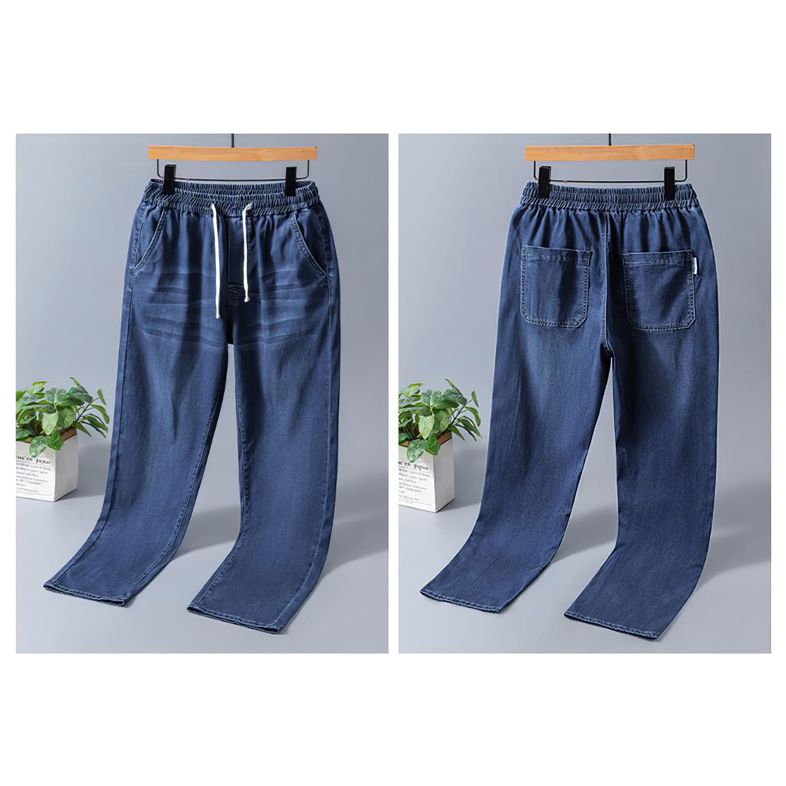 Hombre Verano Vaqueros Finos y Ligeros de Lyocell Pantalones Vaqueros de Cintura Elástica y Pierna Recta con Cordón Ajustable