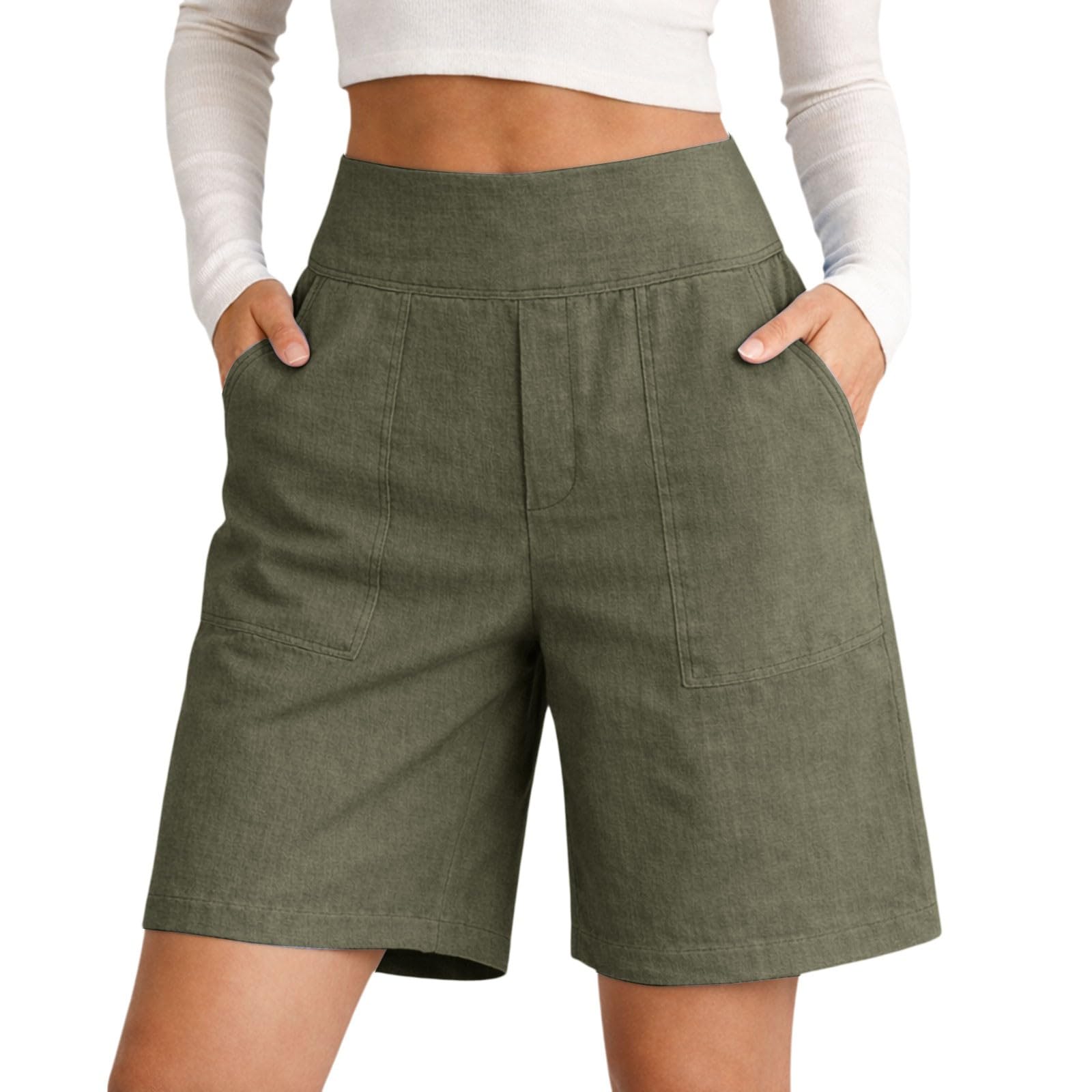 Generico Pantalones de mujer de algodón y lino para primavera y verano 2026, cintura alta, con botones, estilo informal, para vacaciones