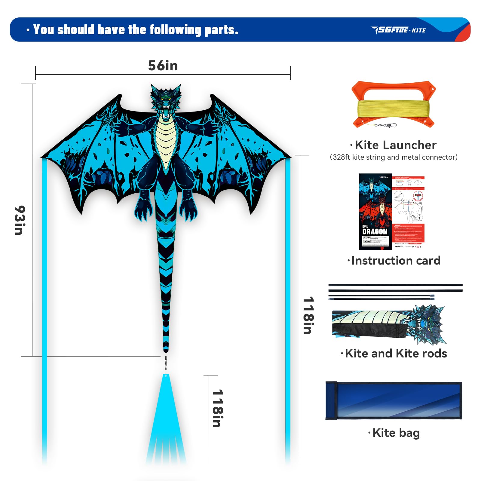 SGftre Red Evil Dragon Kite for Kids & Adults Easy to Fly,Single Line String with Tail for Beach Flying Kites,Kite for Outdoor Activities Family Parties and Beach Games (Blue) - Image 3