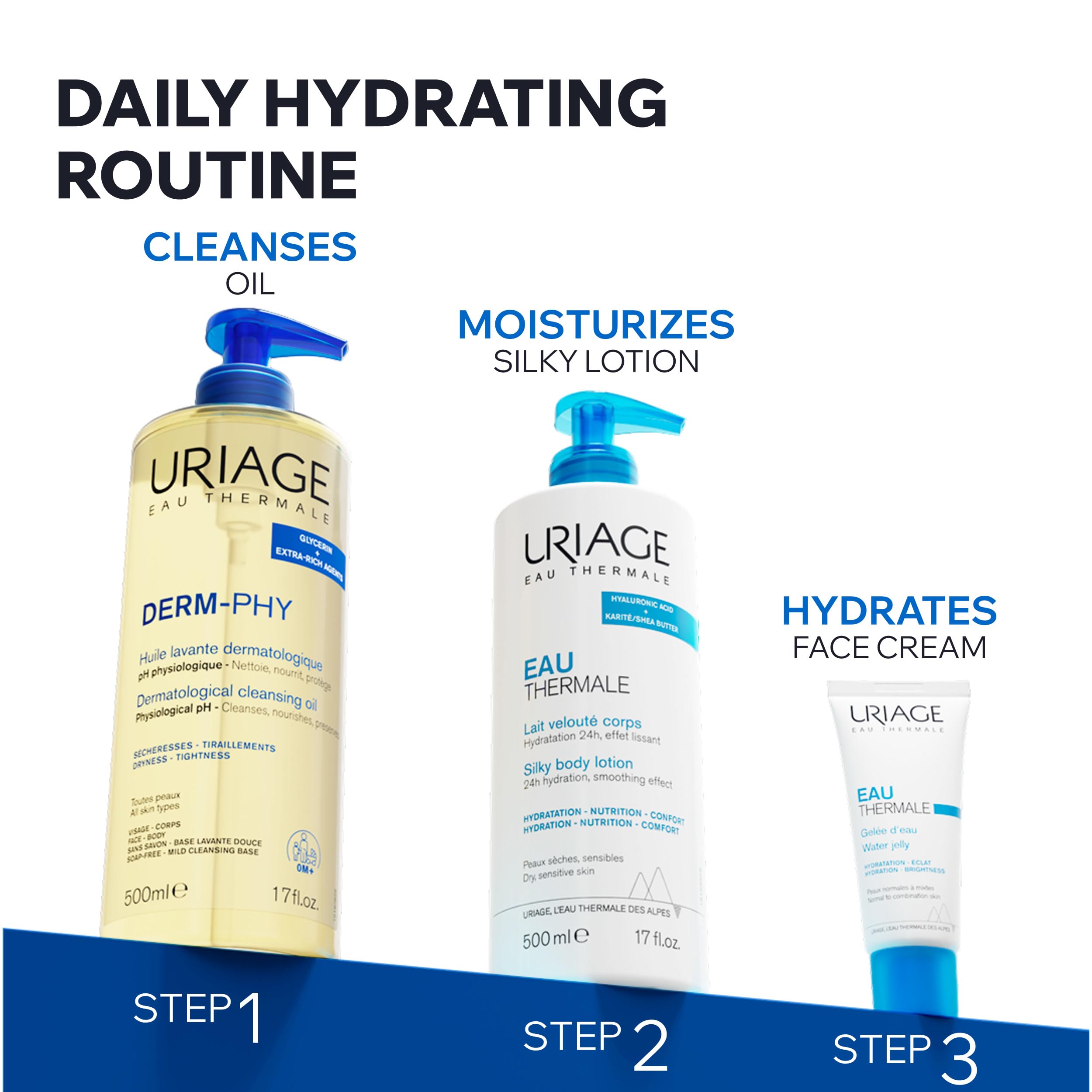 Uriage Derm-Phy - Olio da doccia da 1 l, detergente per viso, corpo, pelli secche, sensibili, pulisce, nutre, previene l'essiccazione, 25% glicerina, agenti extra ricchi, pH fisiologico, senza sapone
