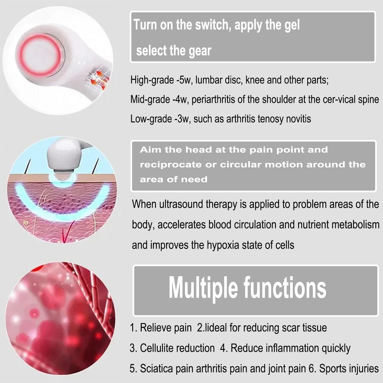 Dispositivo portatile per terapia ad ultrasuoni, 1-3 MHz, macchina professionale ad ultrasuoni per terapia fisica, con timer da 15 minuti, 3 livelli di intensità, area di trattamento di 4 cm²
