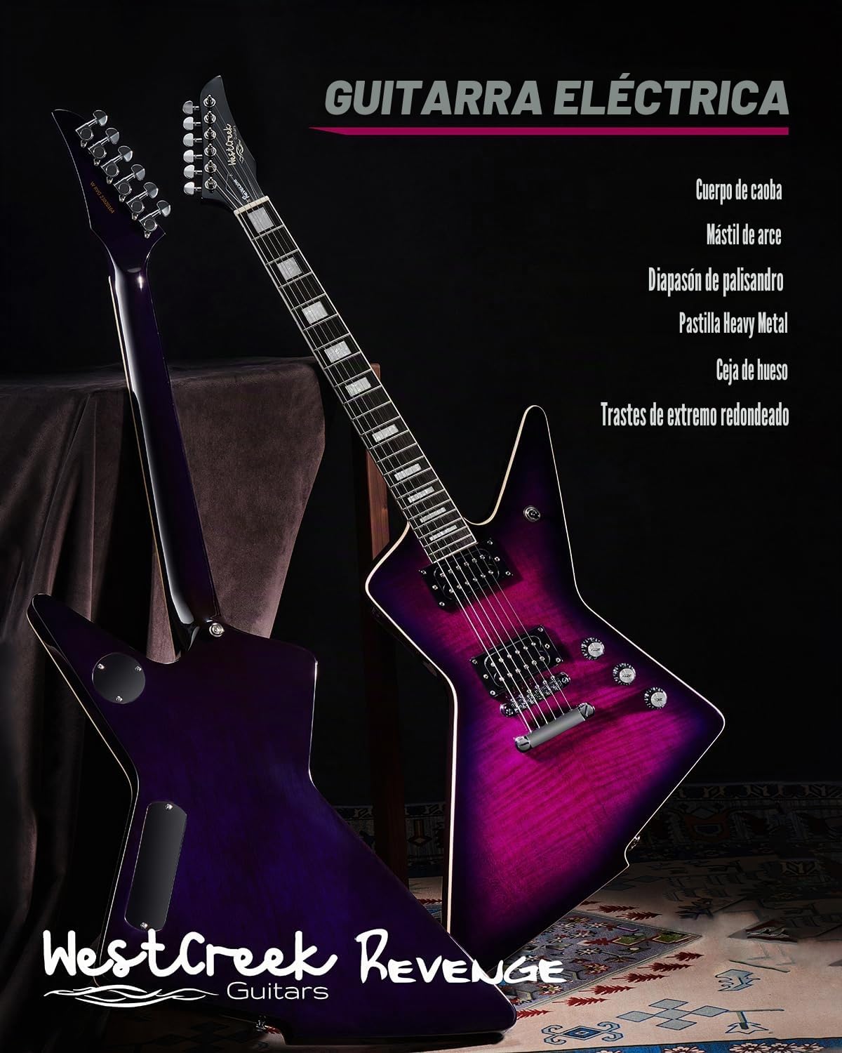 WestCreek Guitars Revenge Guitarra Eléctrica, Heavy Metal Humbucker Pastillas Electric Guitar, Cuerpo de Caoba, diapasón de Palisandro, Mástil Arce, Cejuela de Hueso, 22 Trastes
