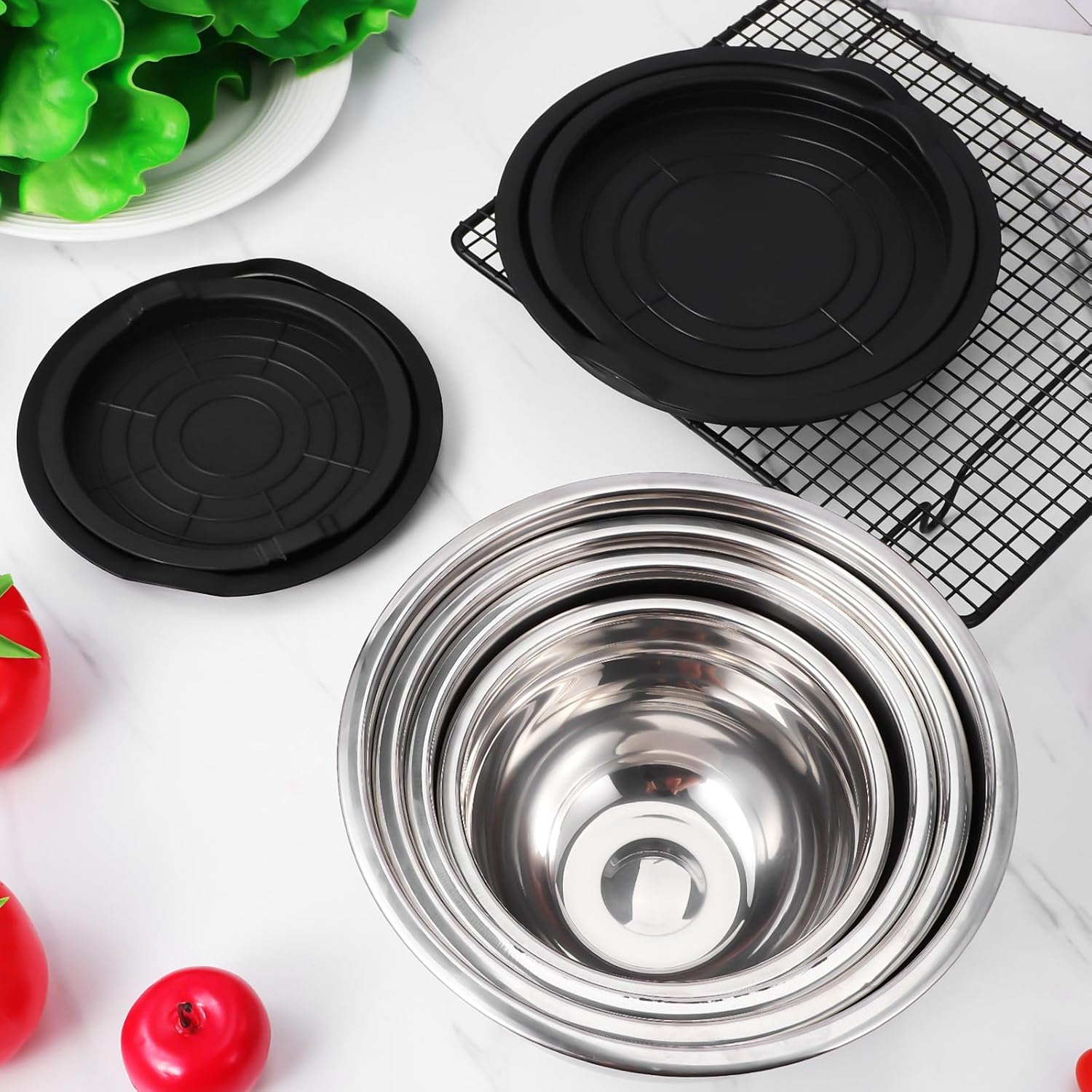 4 Pcs Stainless Steel Baking Mixing Bowls Set with Black Lids, Deep Kitchen Prep Bowls for Cooking, Dough, Salad, Stackable Compact Design (14cm, 16cm, 18cm, 20cm)