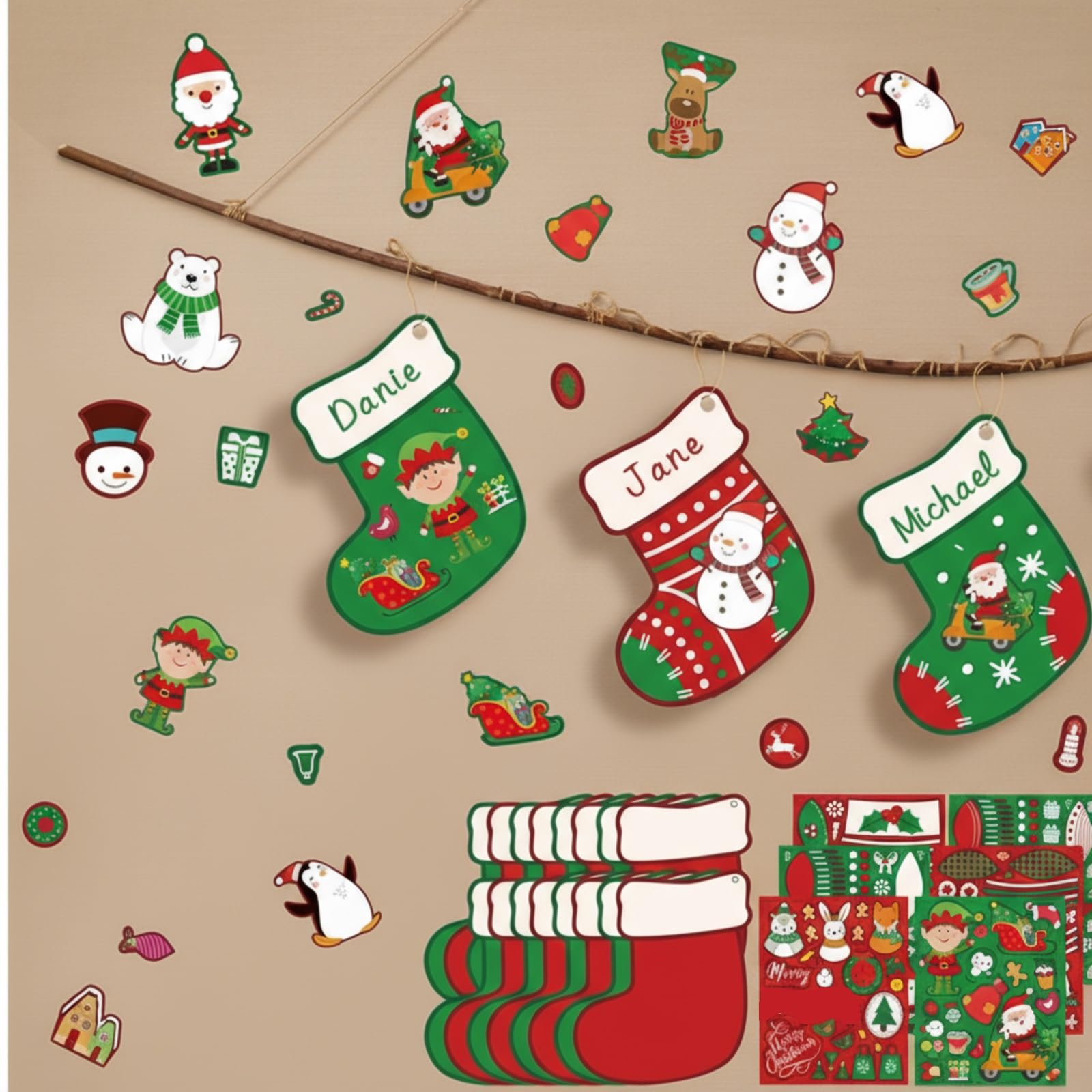 24 Pcs Large Christmas Crafts 7 x 8 Inch Christmas Stockings Hanging Crafts with 12 Sheets Stickers for Kids DIY Xmas Stocking Cutouts Xmas Hanging