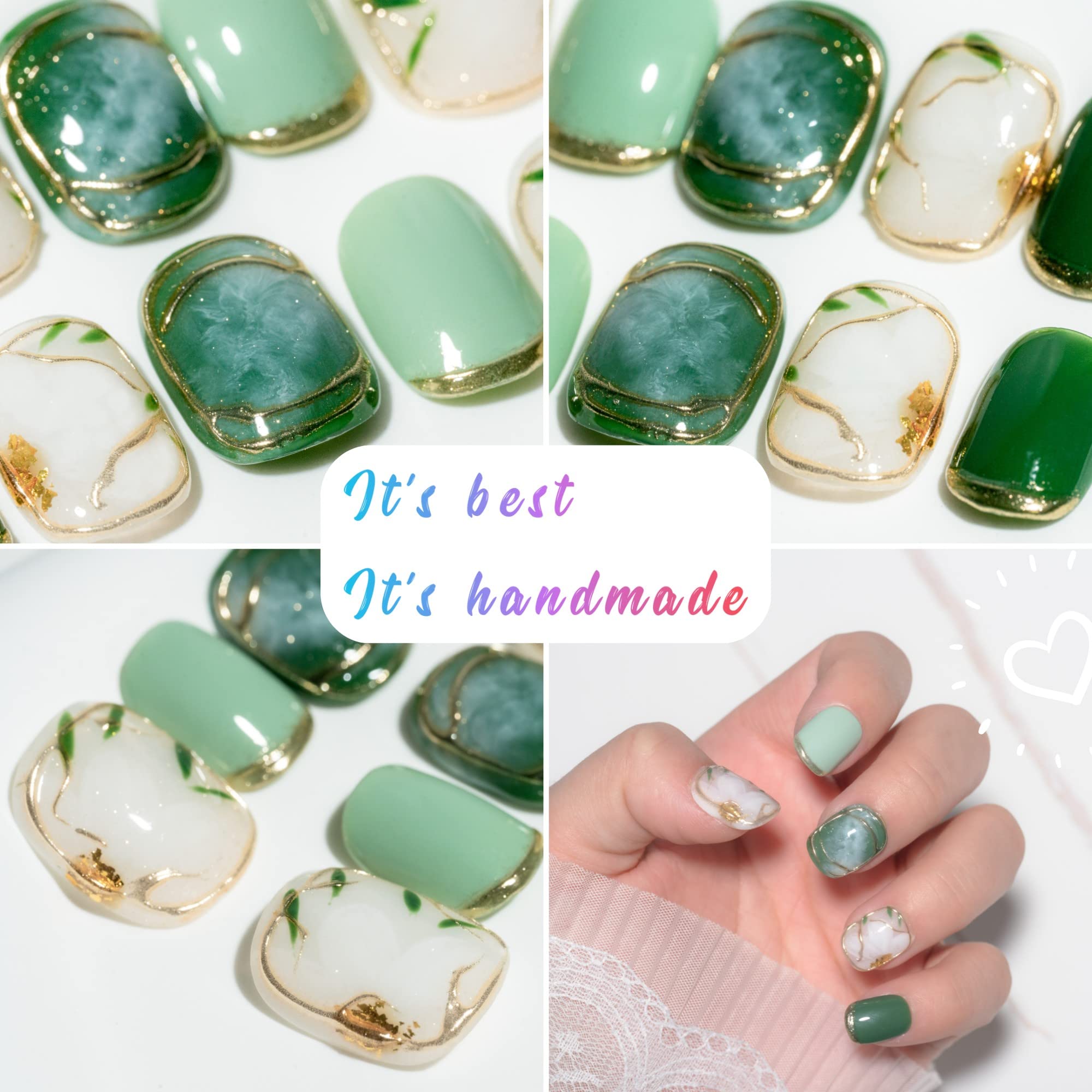 Sun&Beam Nails Handmade Press-on Short Squoval Round Green White Hand-Painted glossy Ombre Design Fashion False Nail Tips 10 Pcs Set (#033 M) - Image 2