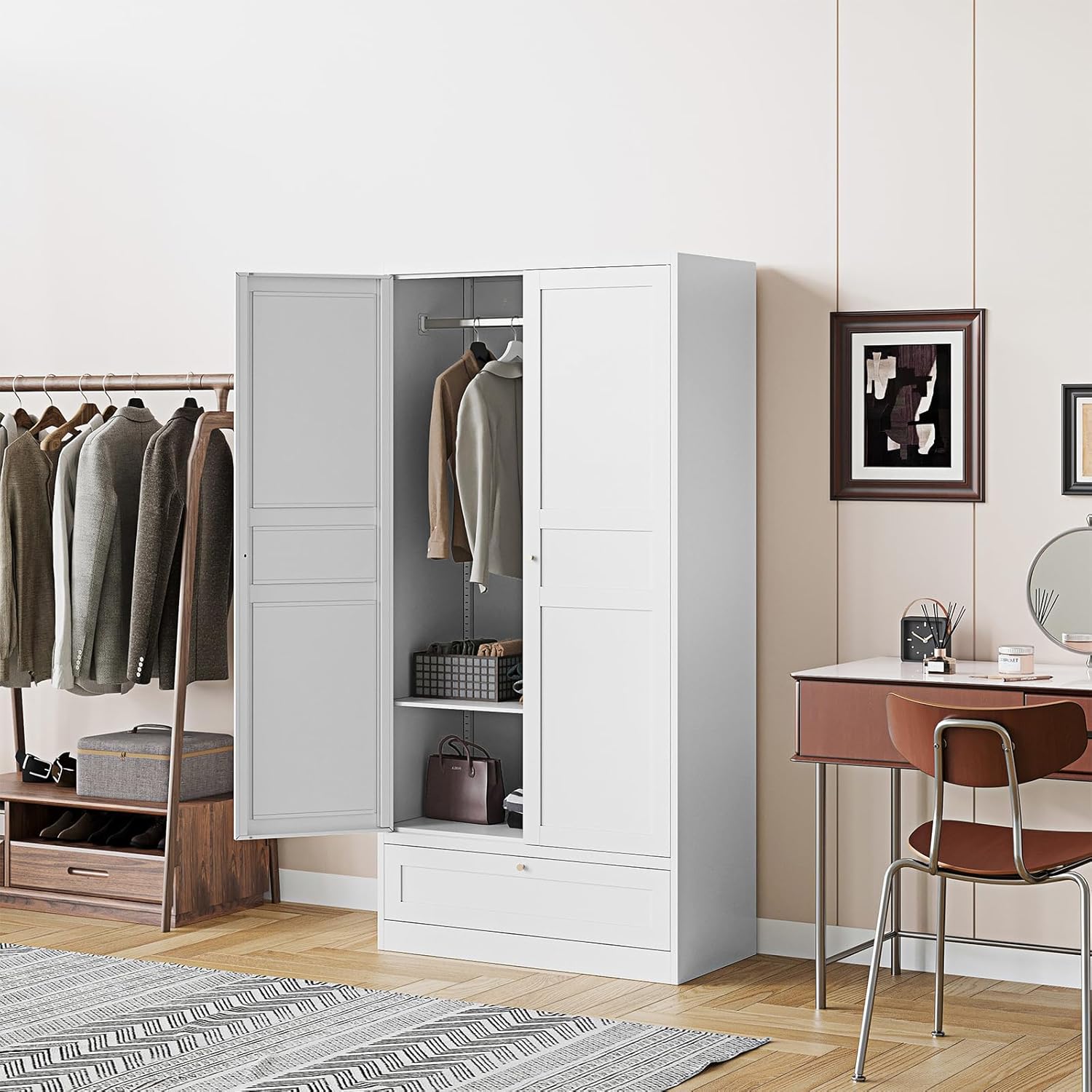 Steel Metal Wardrobe Armoire Closet with Drawer Clothing Locker Storage Cabinet 2 Door Closet Cabinet with Hanging Rod for Home Office Bedroom 72" X 36" X 18" White