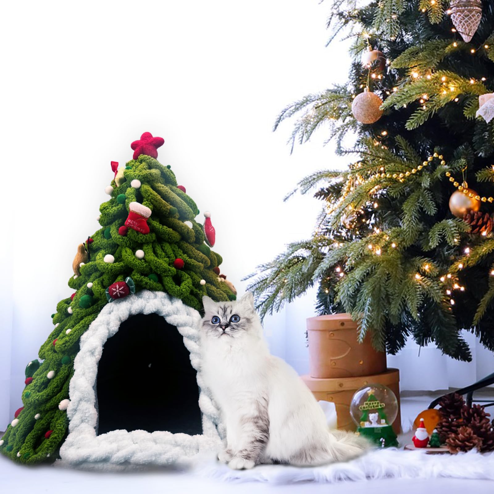 Christmas Tree Cat House, DIY Felt Christmas Tree Cat Bed Set with Decoration, Hideaway House for Cats and Kittens, Make Your Own Pet Indoor Teepee, Christmas Decorations for Family and Friends (A)