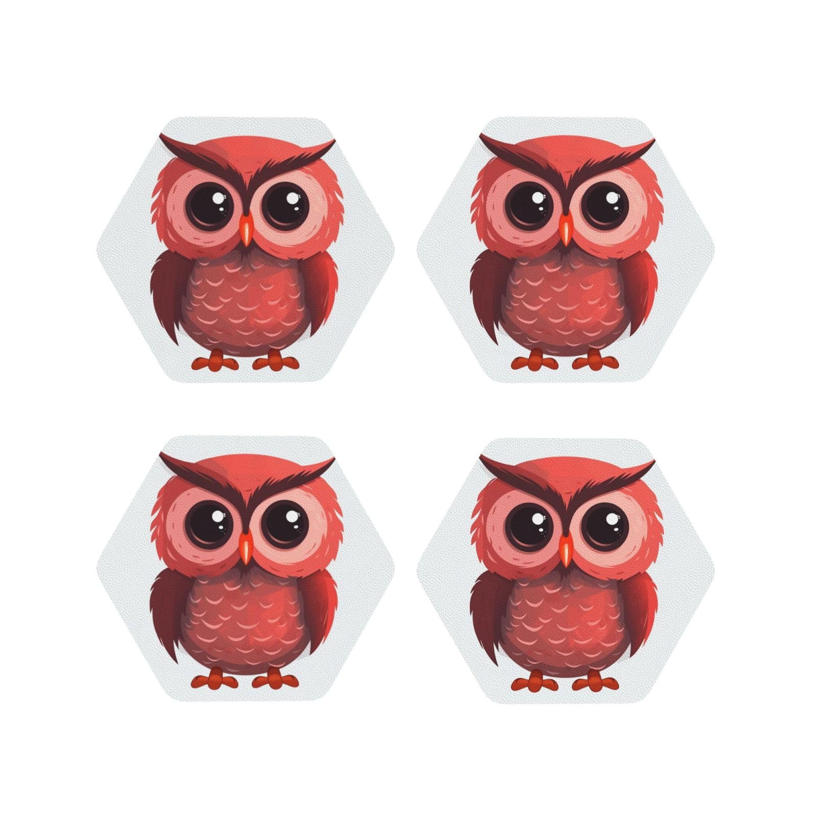 4Pcs PU Leather Coaster for Drinks, Cute red owl Cup Coastersr 4" Cup Mat Pad, Aesthetic Drink Coasters for Coffee Table, Hexagon Coaster for Tabletop Protection