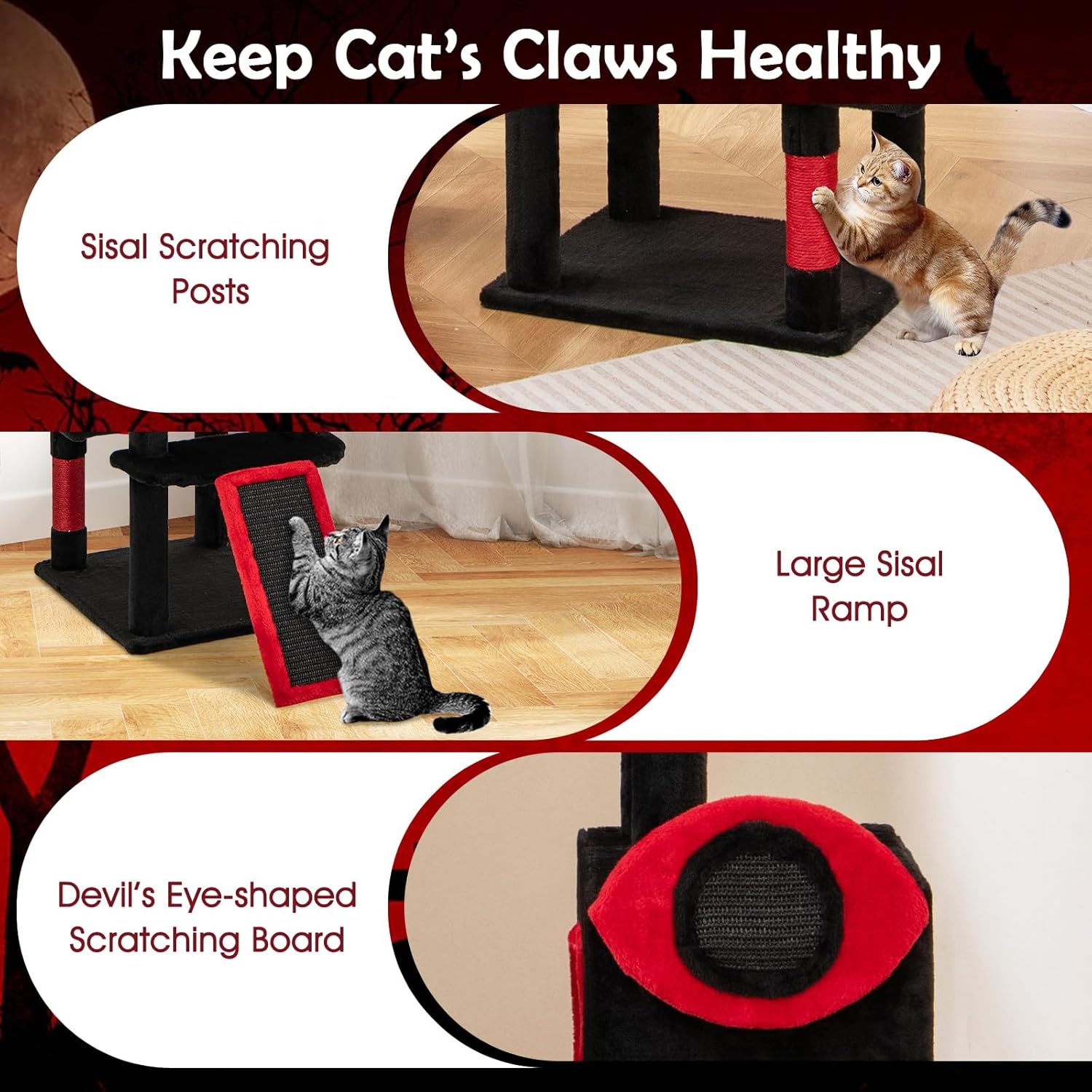 Tangkula Gothic Cat Tree, Large Spooky Cat Tower with Sisal Scratching Posts & Ramp, 2 Cat Condos, 2 Devil Ear-Shaped Perches, Spider Toys, Bat-Shaped Platform, Basket Bed, Goth Cat Tree, Black & Red