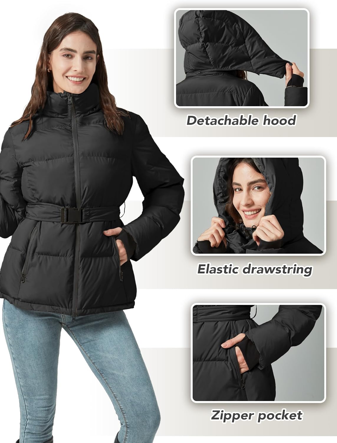Women's Winter Warm Puffer Jackets Slim Fit Water-Resistant Detachable Hooded with Belt - Image 4