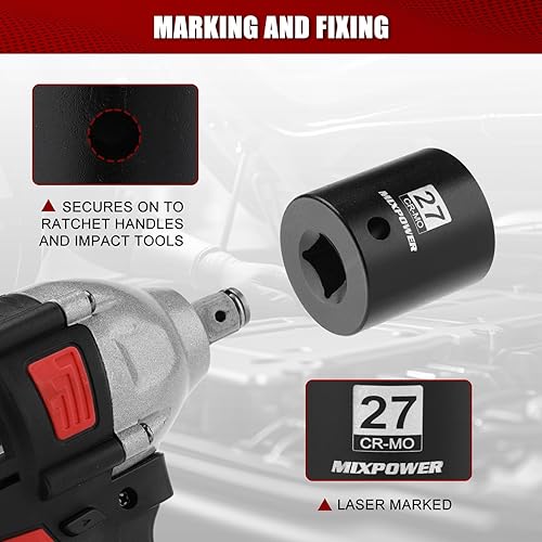 Miniatura 30 de MIXPOWER Enchufe de impacto profundo de 1/2", CR-MO, 1.417 in, métrico, 6 puntos, tuerca de eje de grado de impacto para una fácil extracción