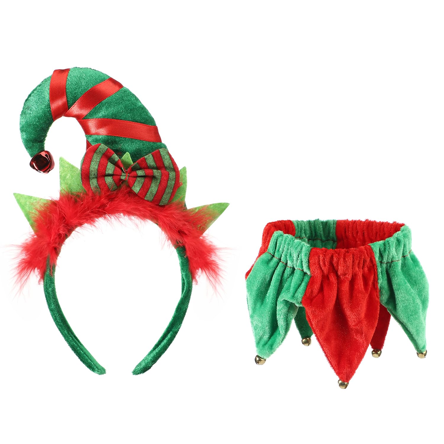 2pcs Elf Headband Christmas Tree Hat and Bell Scarf Set,Cute Christmas Santa Hat Hairband Pointed HairHoop Fancy Dress Reindeer Costume Hair Hoop Xmas Novelty Hair Accessories Decor Party Headwear — image 1