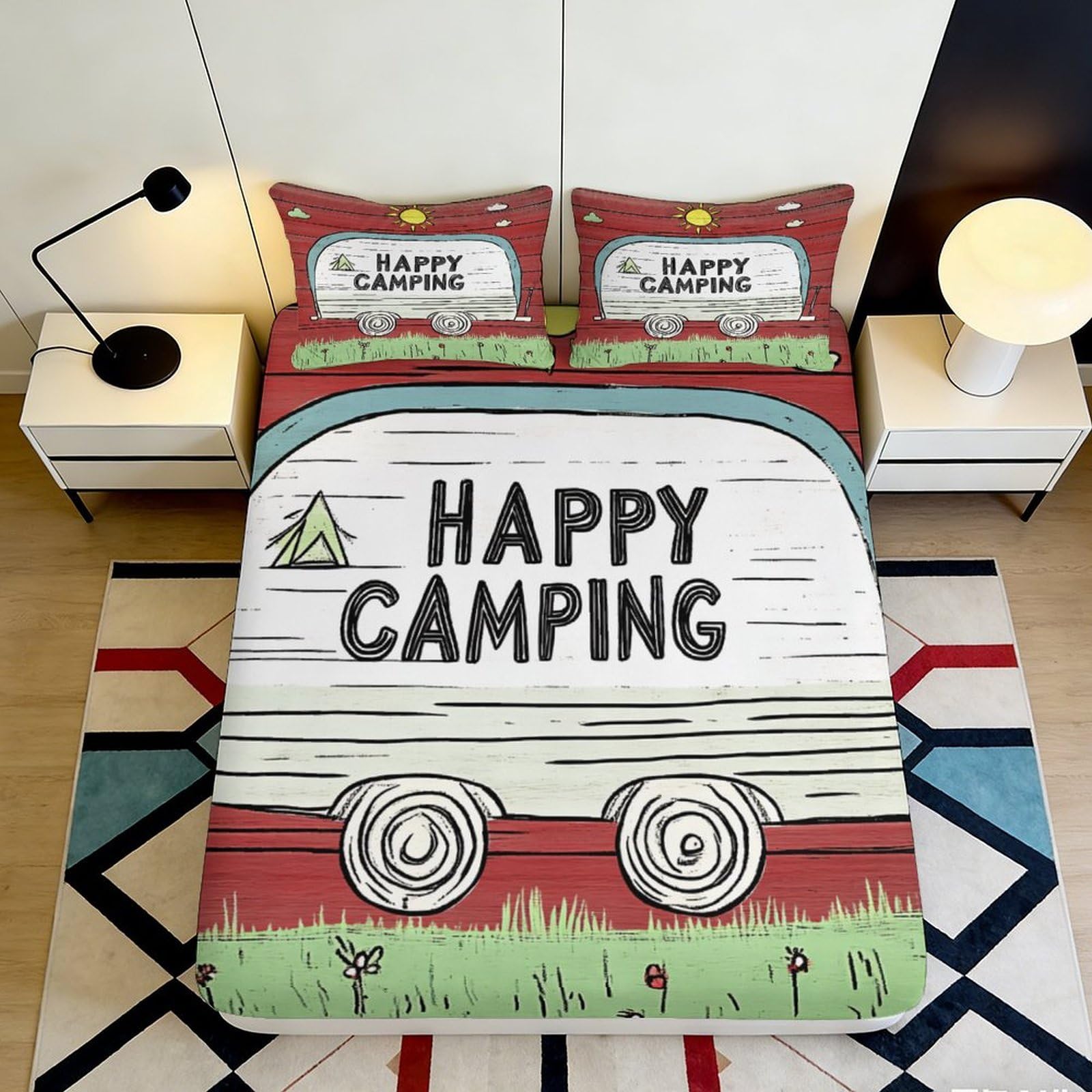 3D Printed Happy Camping Fitted Sheet Microfiber Anti-Slip Mattress Cover Cartoon Caravan Camping Decor for Bedroom Dorm Guest Room 160x200x25cm