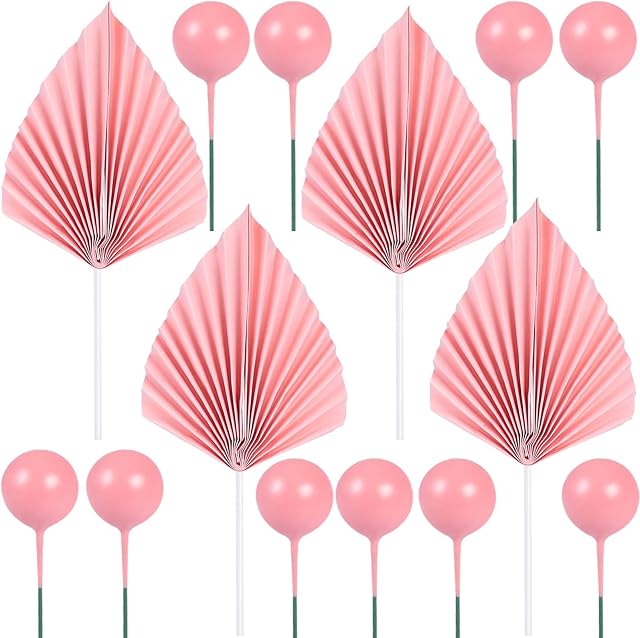 14 Pcs Pink Paper Cake Decorations Include 4 Pink Leaf Cake Topper DIY and 10 Round Ball Cake Insert Decoration Birthday Cake Ornament