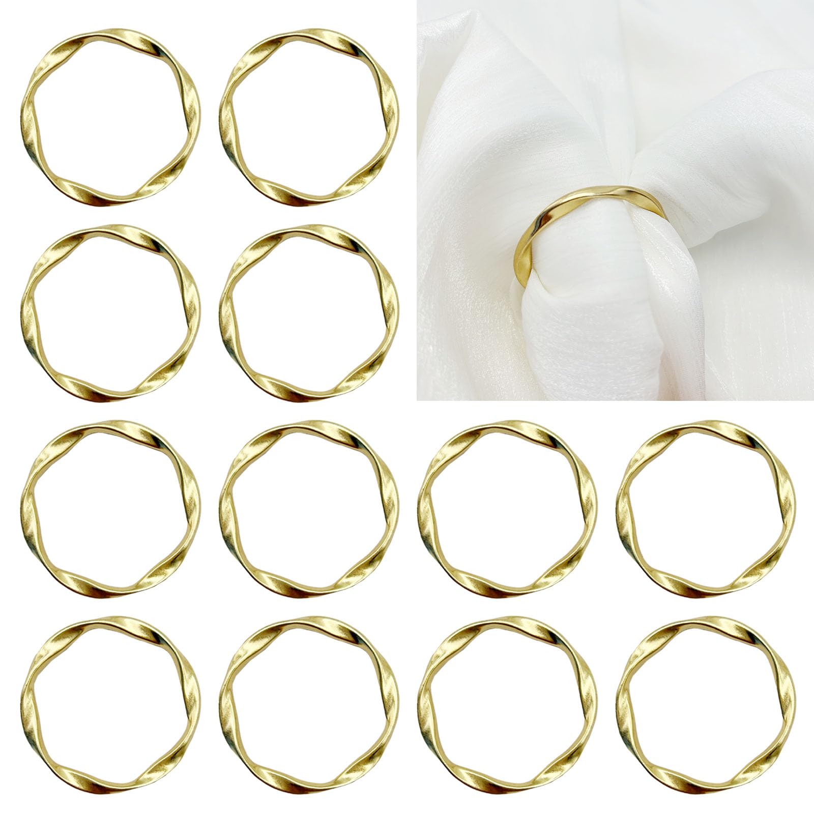 Gold Napkin Rings Set of 12, Matte Metal Twisted Wave-Shaped Napkin Holders