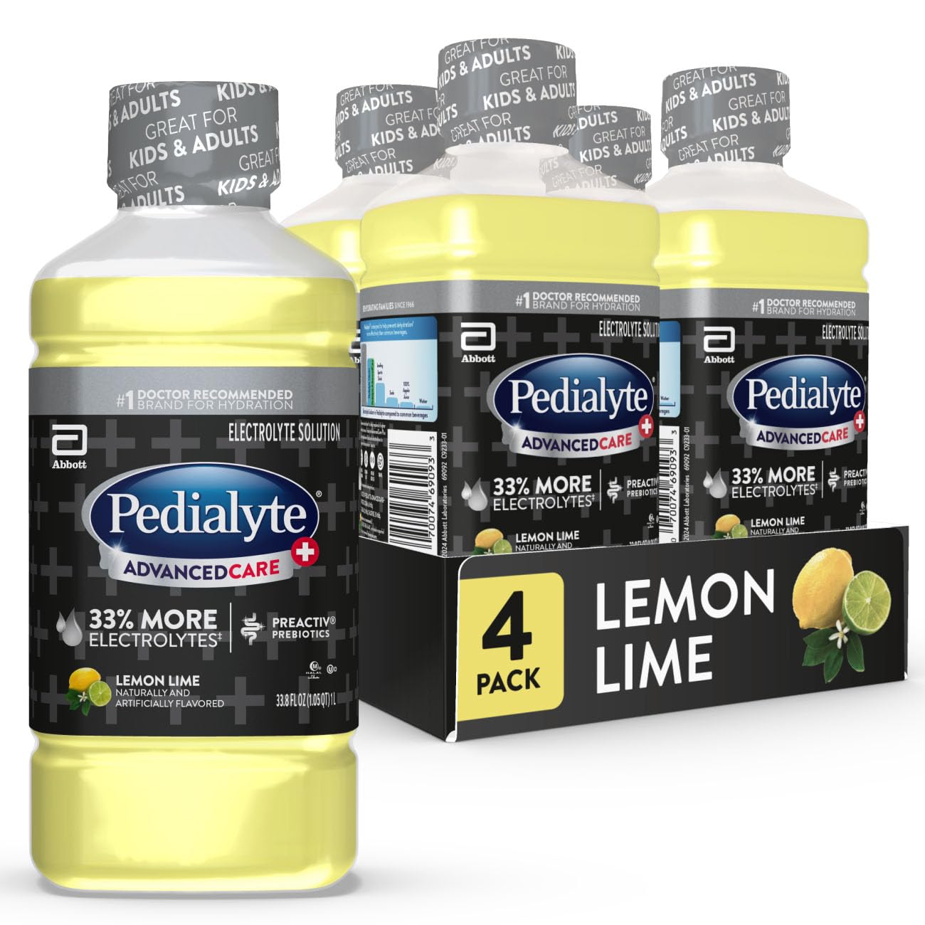 Pedialyte AdvancedCare Plus Electrolyte Hydration Drink | Has 33% More Electrolytes and Has PreActiv Prebiotics | Lemon Lime | 1 Liter, Pack of 4