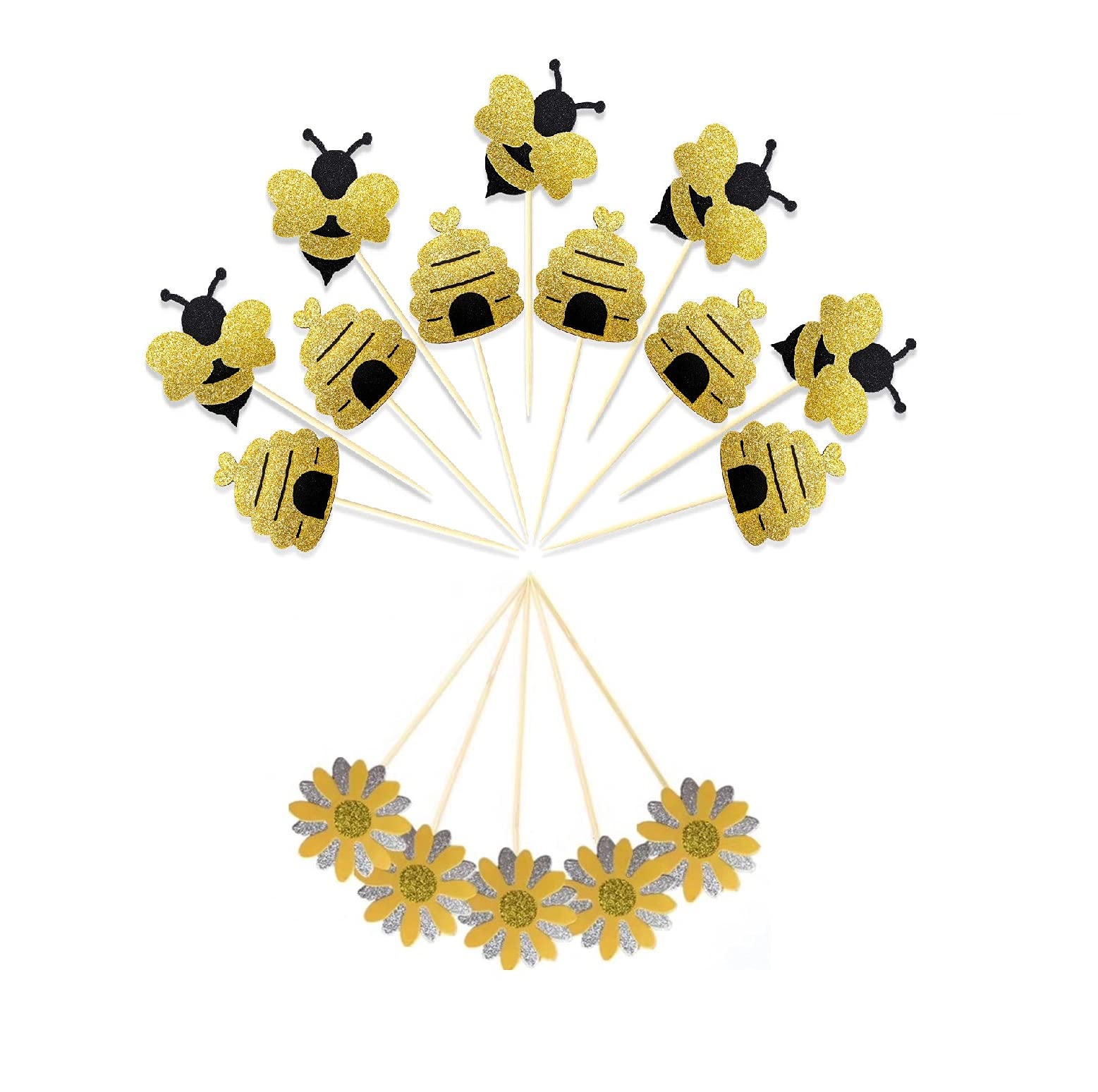 32PCS Sweet As Can Bee Baby Shower Decoration Cupcake Toppers Banner Balloons Bumble Bee Theme Decorations for Baby Shower Birthday Party Supplies