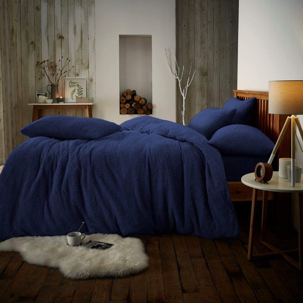 Teddy Fleece Navy King Duvet Cover Set with Pillow Cases, 100% Polyester Thermal Warm & Cozy Plain Super Soft Bedding Set — image 1