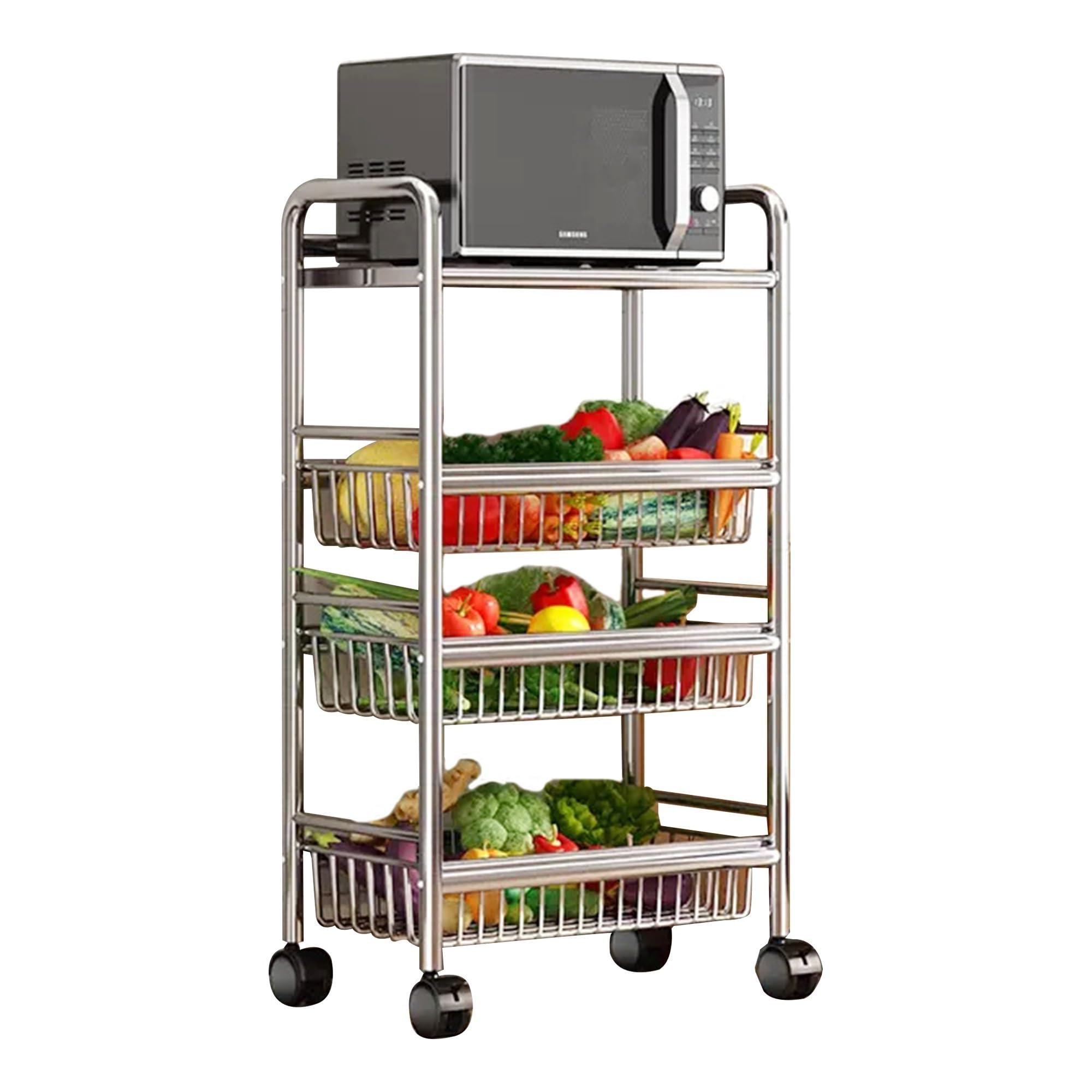 Stainless Steel 304 Kitchen Cart with Wheels Multi-Functional Rolling Utility Trolley Mesh Basket &amp; Pantry Shelf for Fruits Vegetables Onions &amp; Potatoes Storage,B-49 * 32 * 100cm