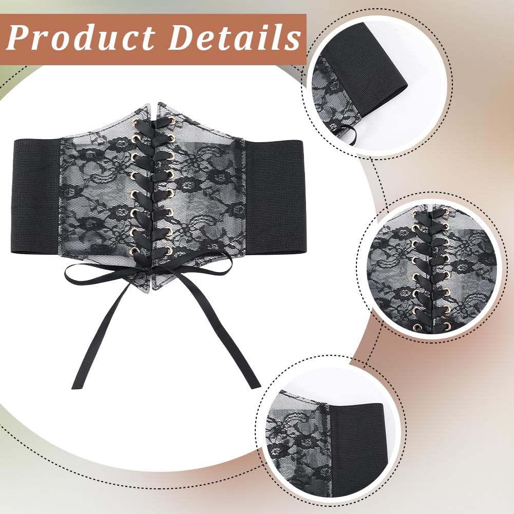 Black Faux Leather Cinch Corset Wide Elastic Lace Waist Belt Vintage Boho Around Obi Trendy Bow Tie Wrap Lace Up Waistband Belts Bulk for Women Dresses Shirts Clothing Costume Accessories - Image 5