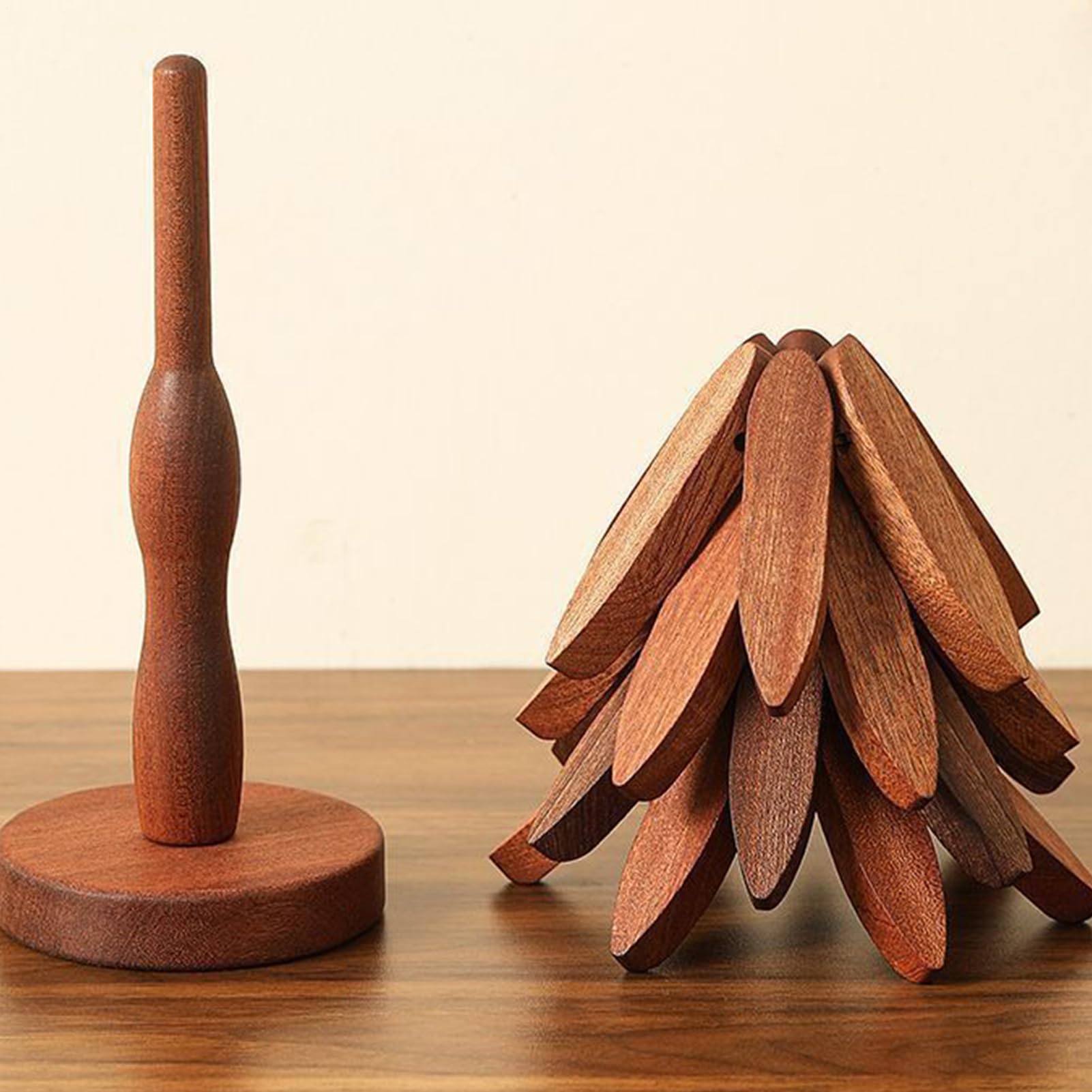 Tree-Shaped Wooden Placemat & Trivet Set - 4 Mats + Stand, Heat-Resistant For Hot Dishes