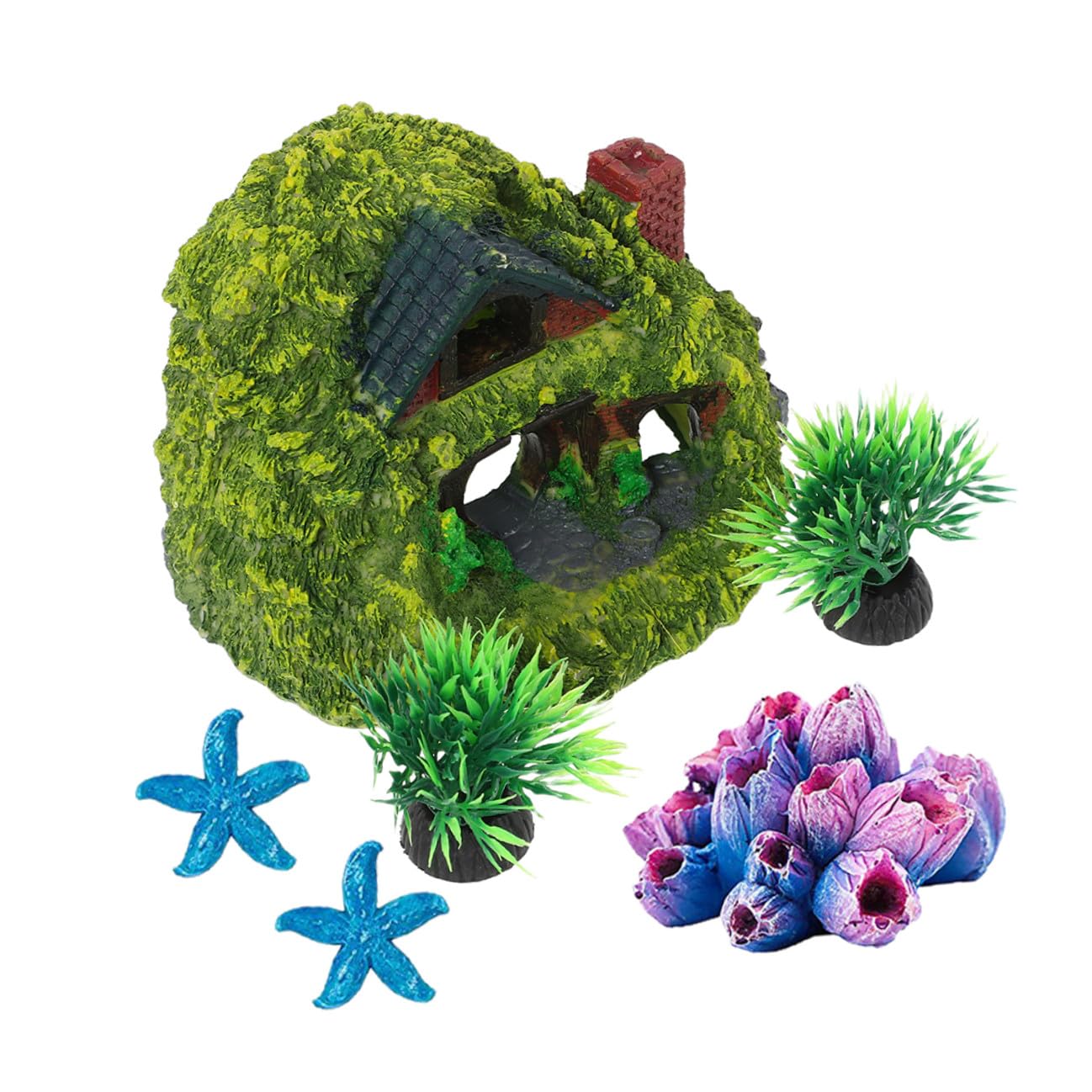 Totority Fish Tank Decor Reptile House Resin Hideout Cave Aquarium Ornament Set Double-Layer Hobbit House and 3 Coral