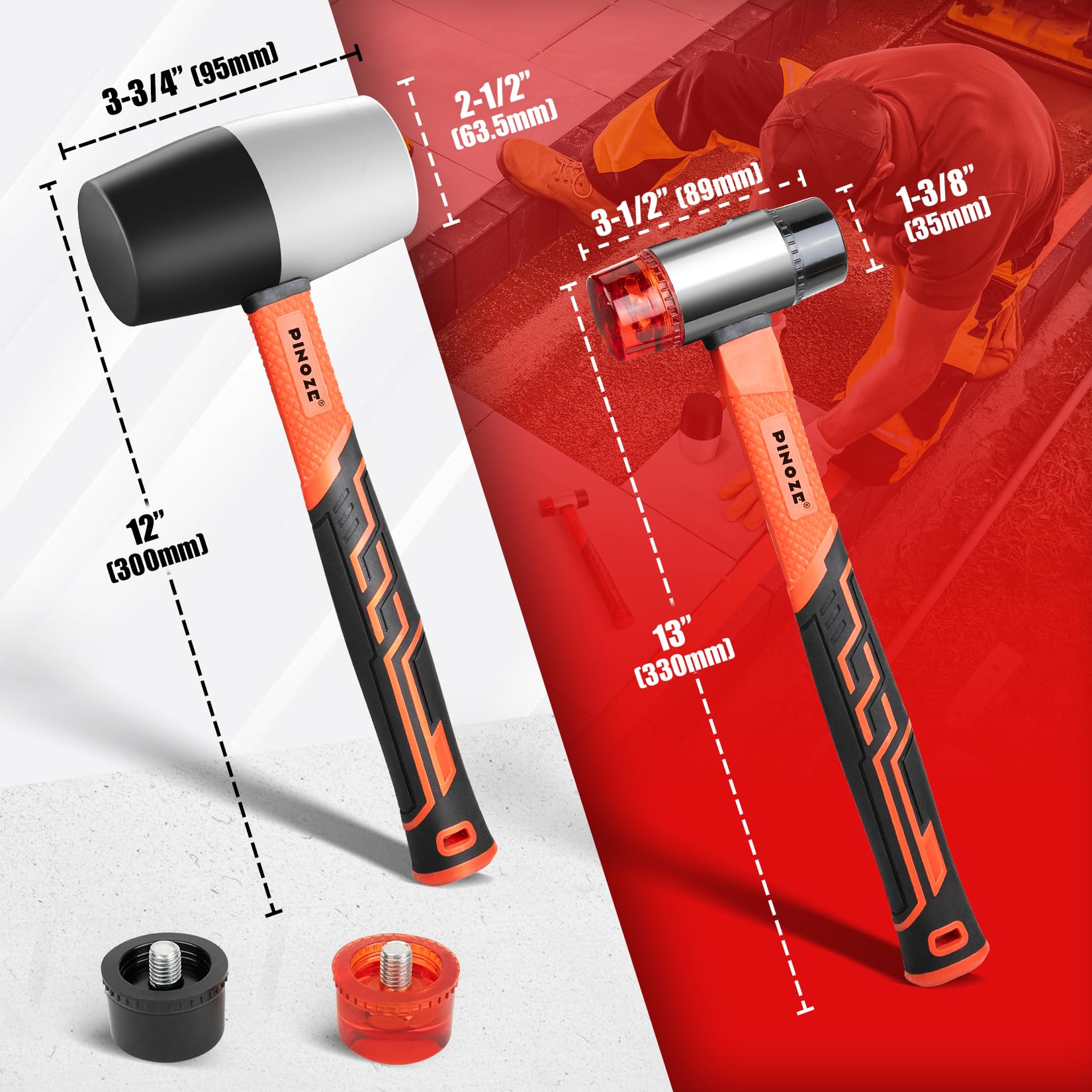 PINOZE 2-Piece Rubber Mallet Hammer Set, 450g Rubber Hammer & 35mm Double-Faced Soft Mallet with 2pcs Relaceable Heads - Image 3