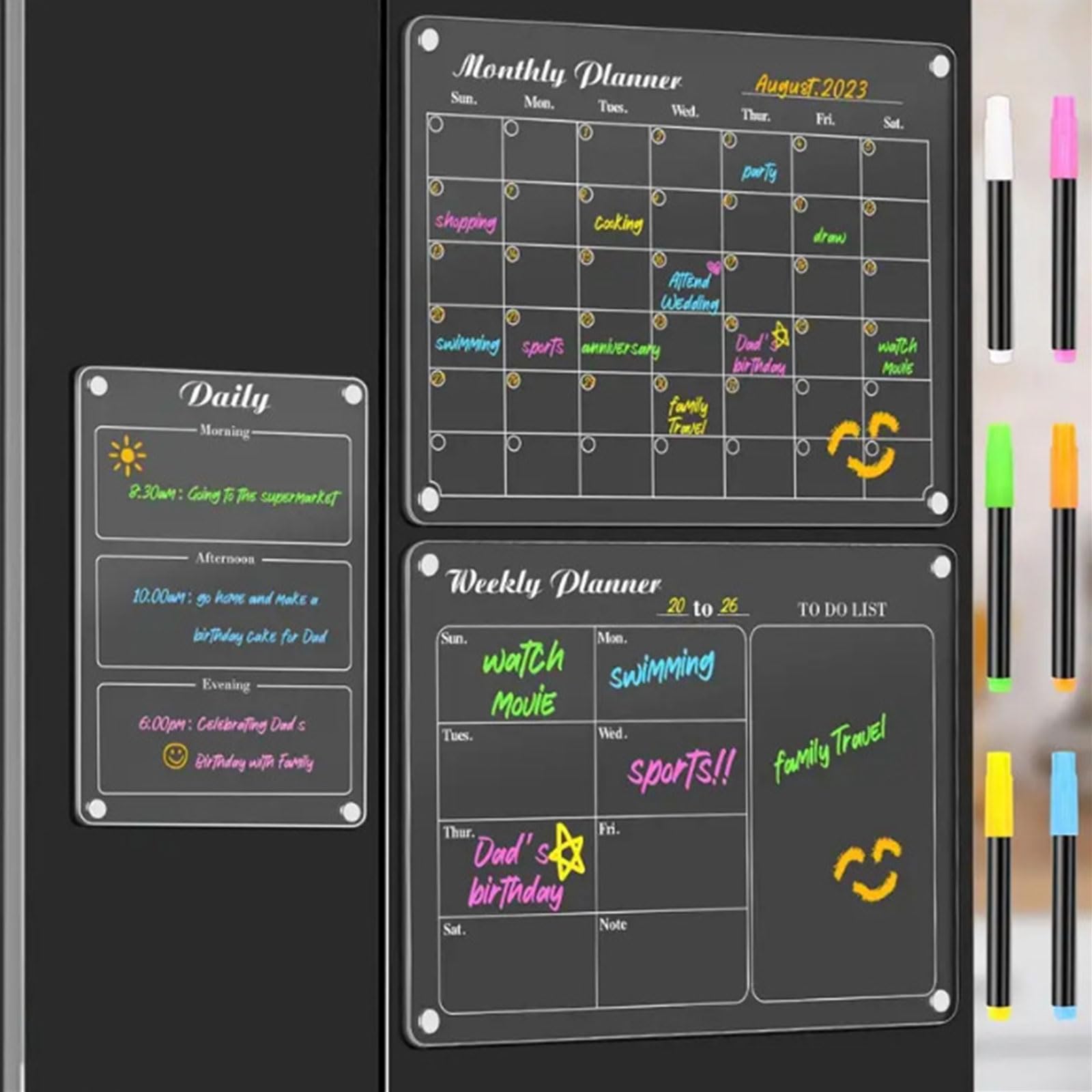 Tableau attrayant à 3 divisions avec clip simple et 6 indicateurs colorés et un planificateur transparent effaçable