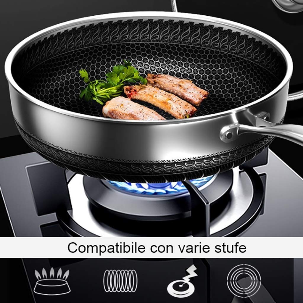 Sartén/Fry Wok/316 Acero Inoxidable Pan Antiadherente/Cocina con Tapa sin Recubrimiento, 30cm