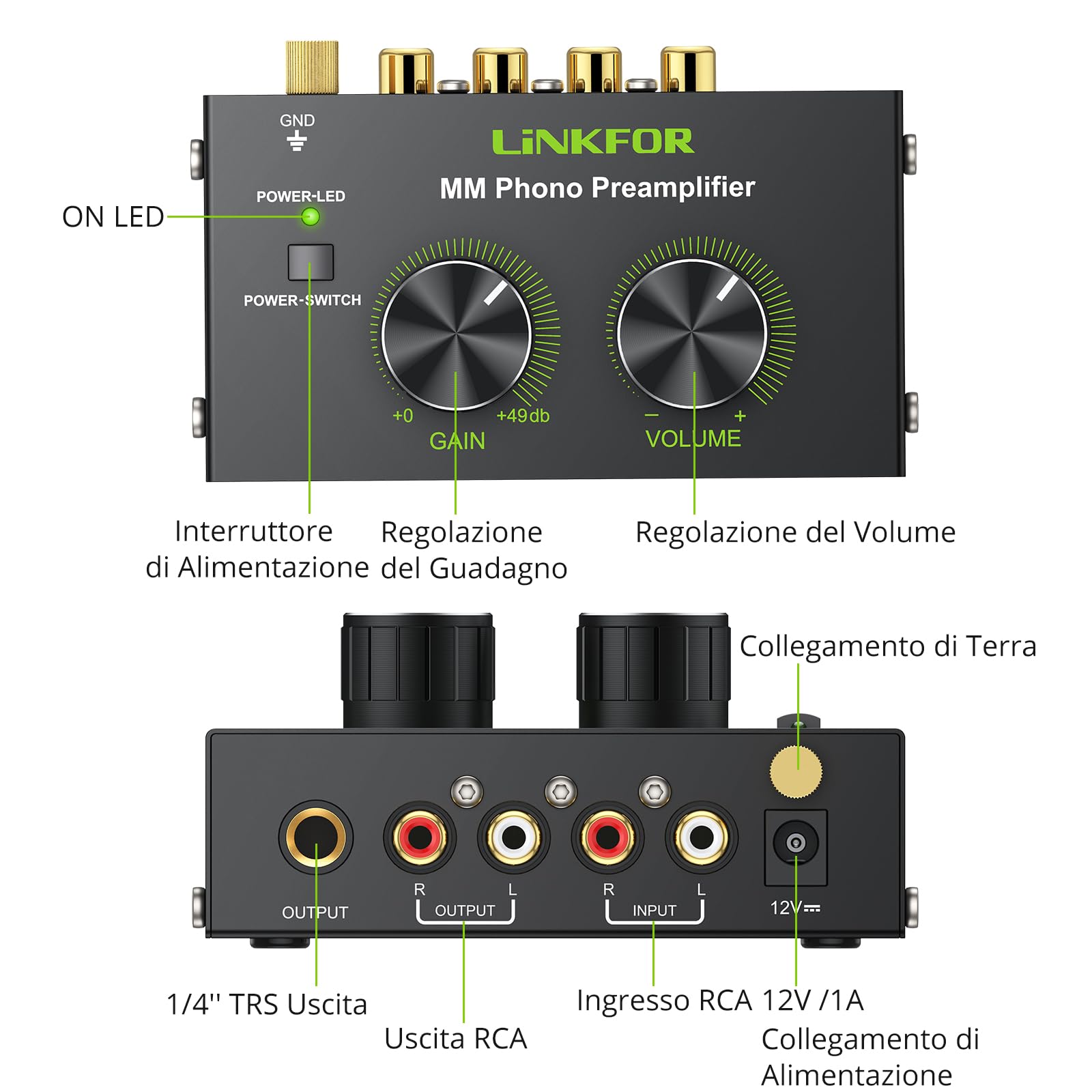 LiNKFOR Preamplificatore Giradischi Phono RCA 6.35mm DC 12V