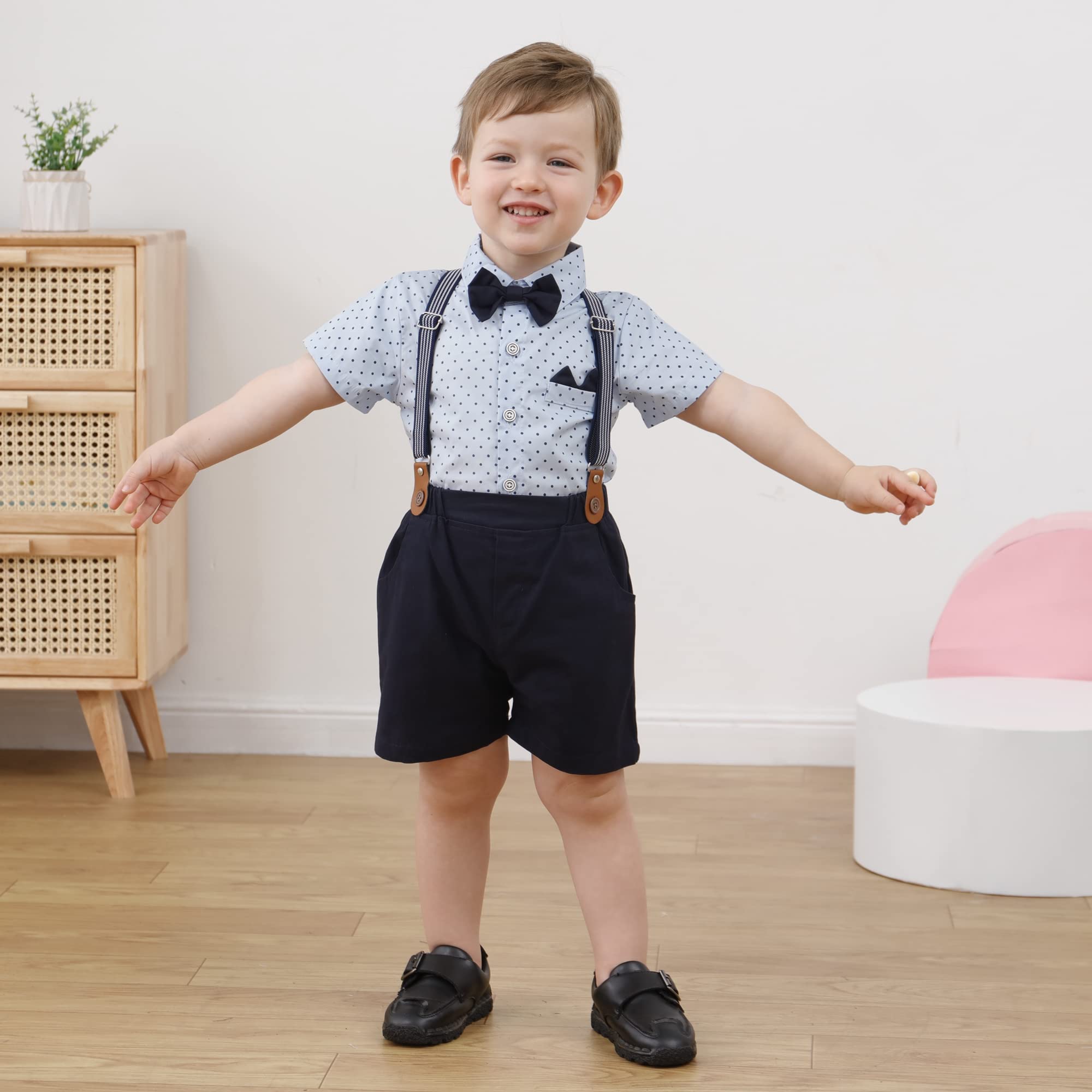 YALLET Trajes para niños pequeños de 1 a 5 años, trajes de caballero de manga corta con botones, camisas, pajarita + braguero, ropa formal