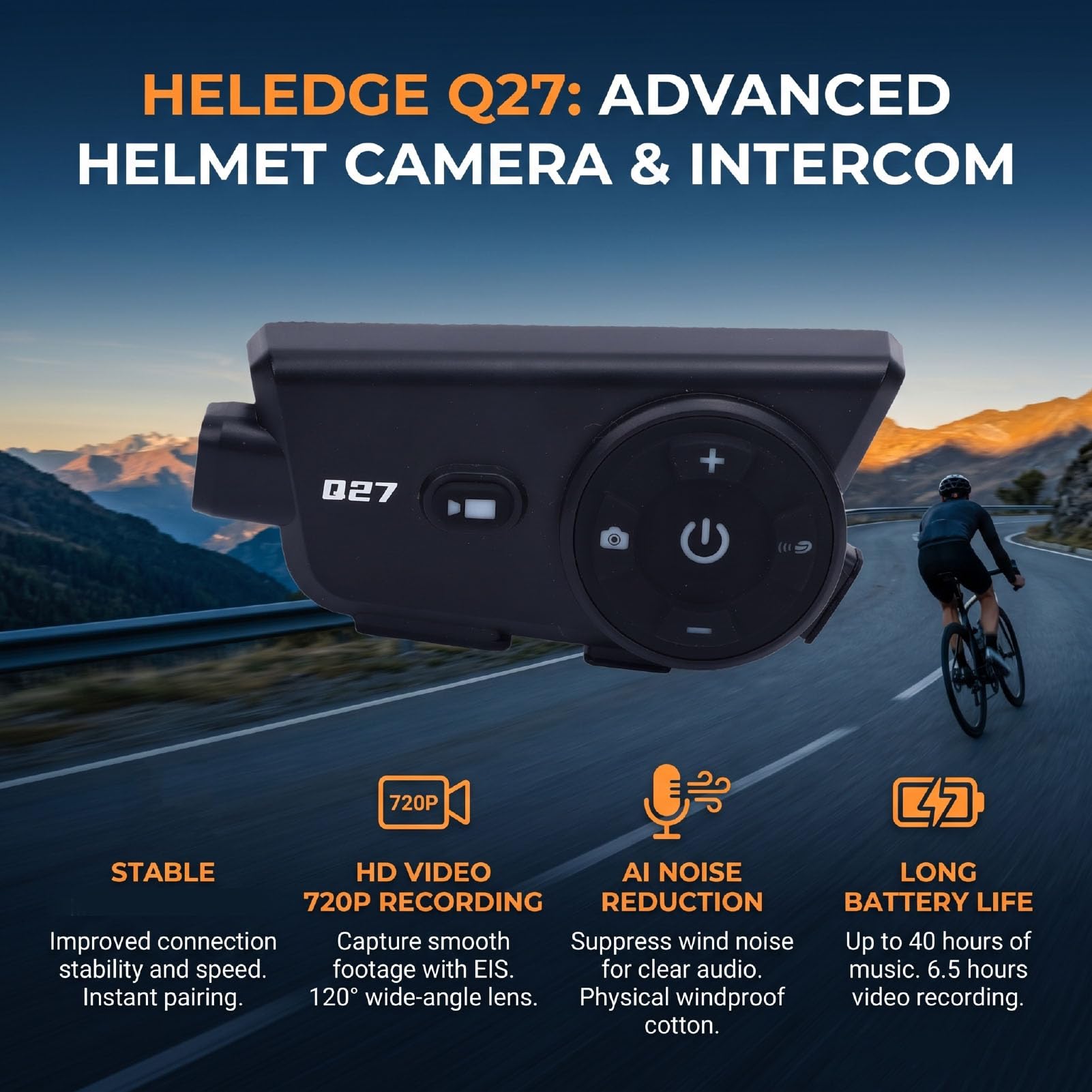 ASHATA Telecamera impermeabile per casco con Bluetooth 6.0, connessione stabile, lunga durata della batteria, per ciclismo e pendolari, con microfono