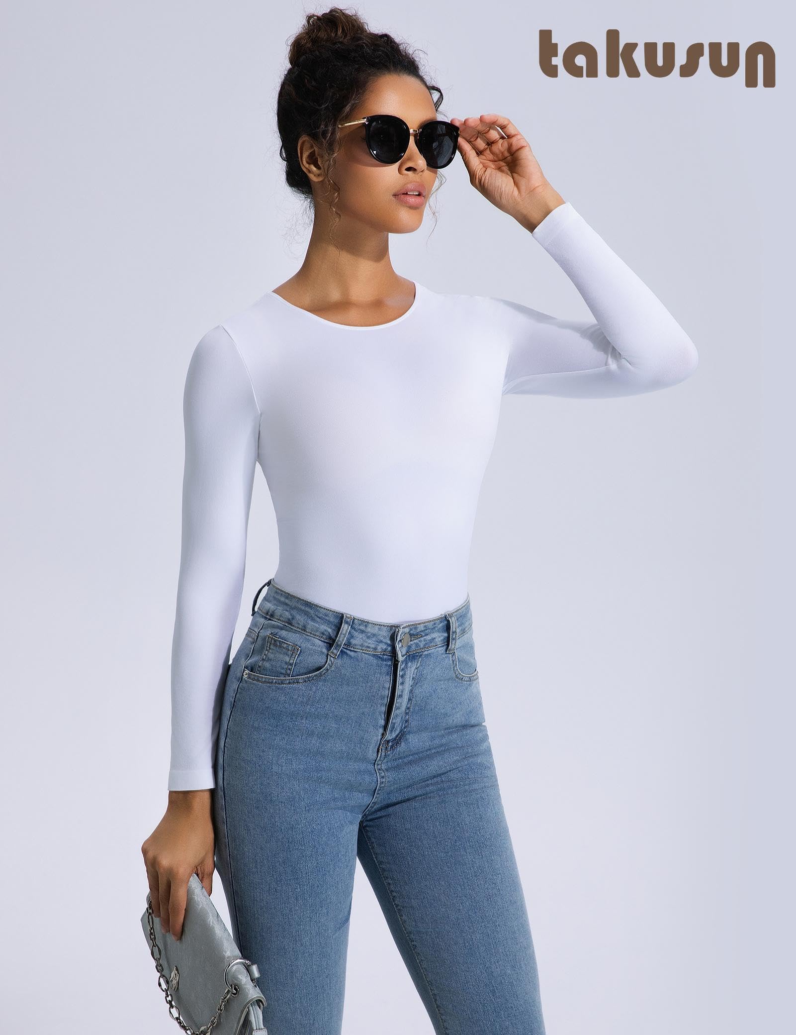 Maglietta intima da donna a maniche lunghe, a compressione, dimagrante, girocollo, base modellante e termica, aderente