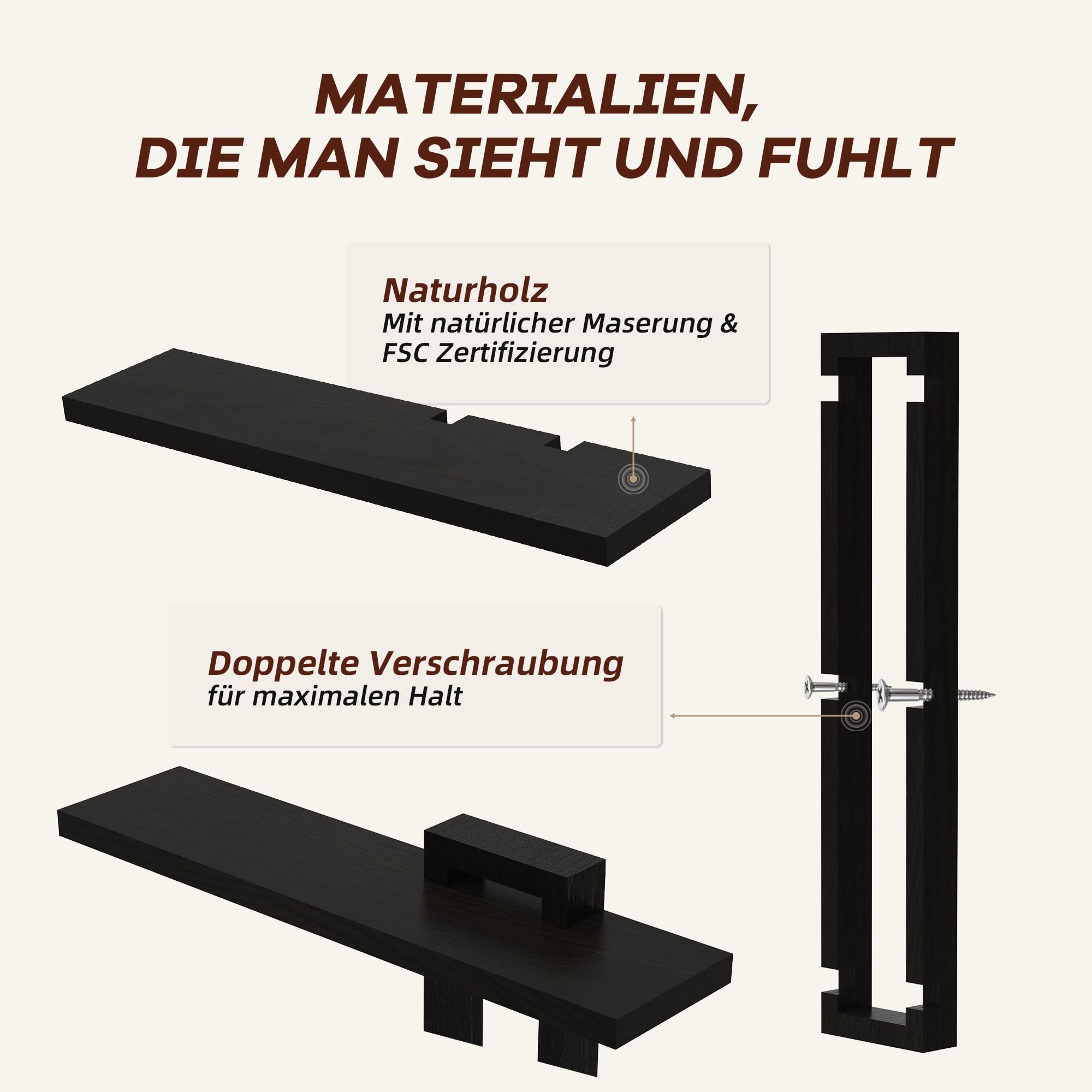 Wandregal Schwarz, großes Hängeregal aus Massivholz mit 3 Ablagen, 50 × 58 cm | Modernes Schweberegal zur Wandmontage für Wohnzimmer, Schlafzimmer, Bücher, Pflanzen und Deko