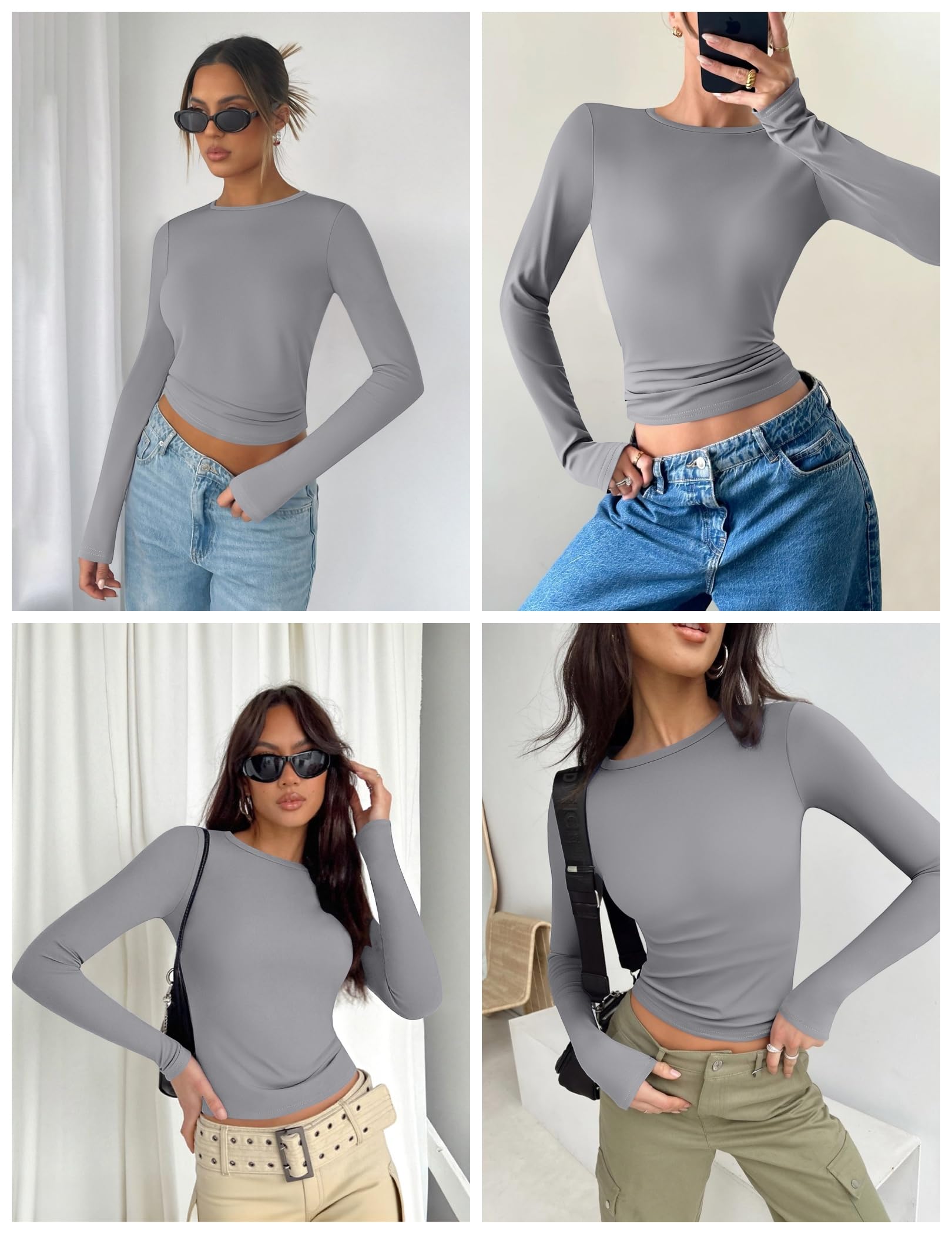 Zeagoo Maglietta Donna Maniche Lunghe Maglia Sexy Slim Fit Y2K Crop Top Elegante T-Shirt Girocollo Basic Solido Tee Casual Camicia Tops XS-XL