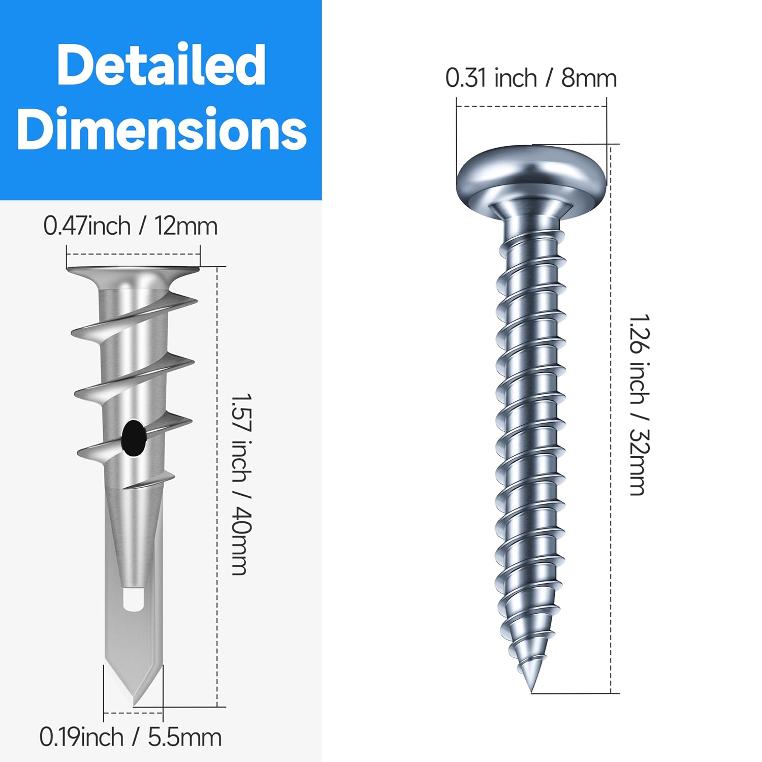Zinc Self-Drilling Drywall Anchors with Screws Kit, 120Pcs Heavy Duty Zinc-Plated Steel Wall Anchors and 120Pcs #8 x 1-1/4" Screws - Total 240 Pieces