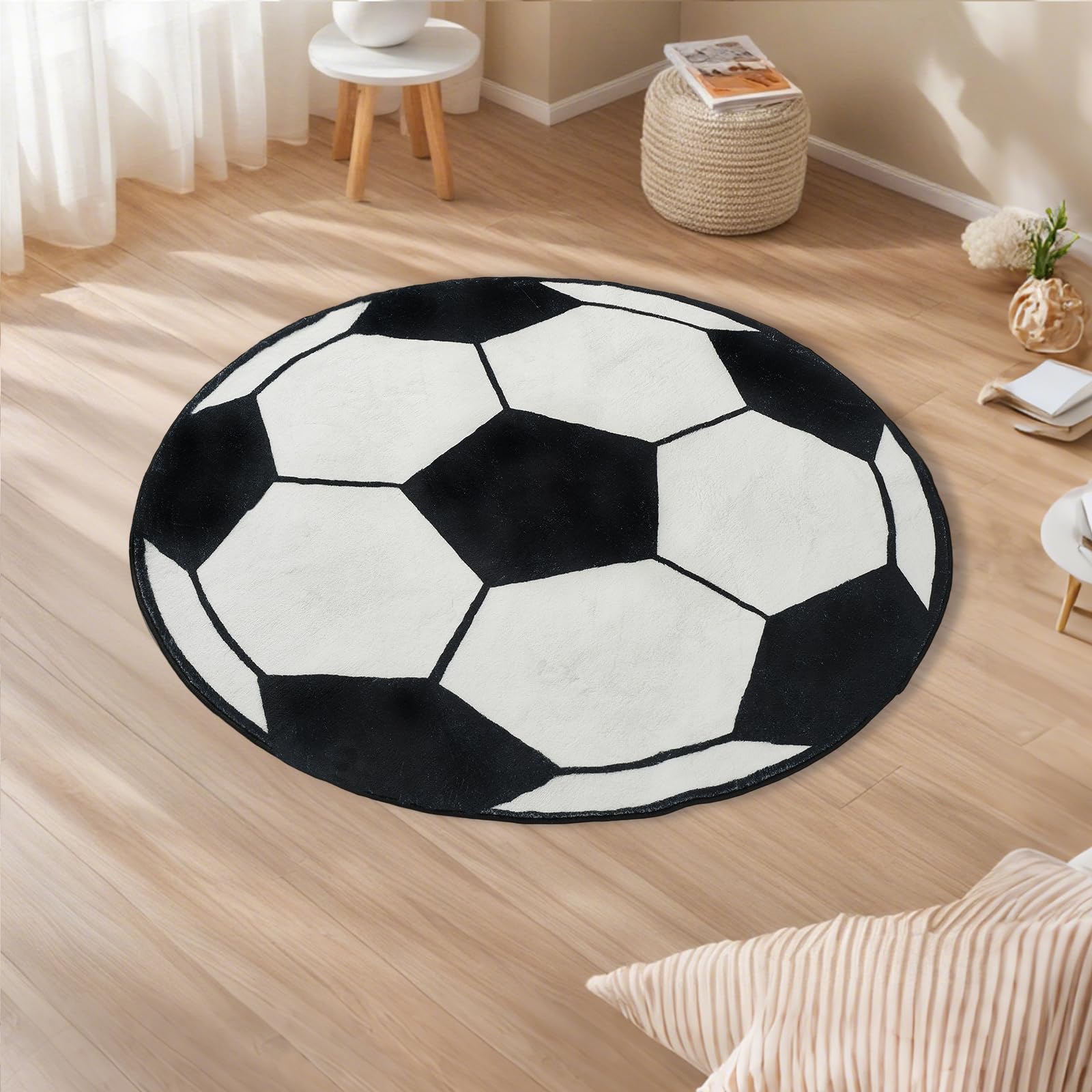 Round Soccer Rug–2.6ft Soft Washable Sport Area Rugs with Non Slip Backing,Carpet for Bedroom,Living Room and Soccer Room Decor