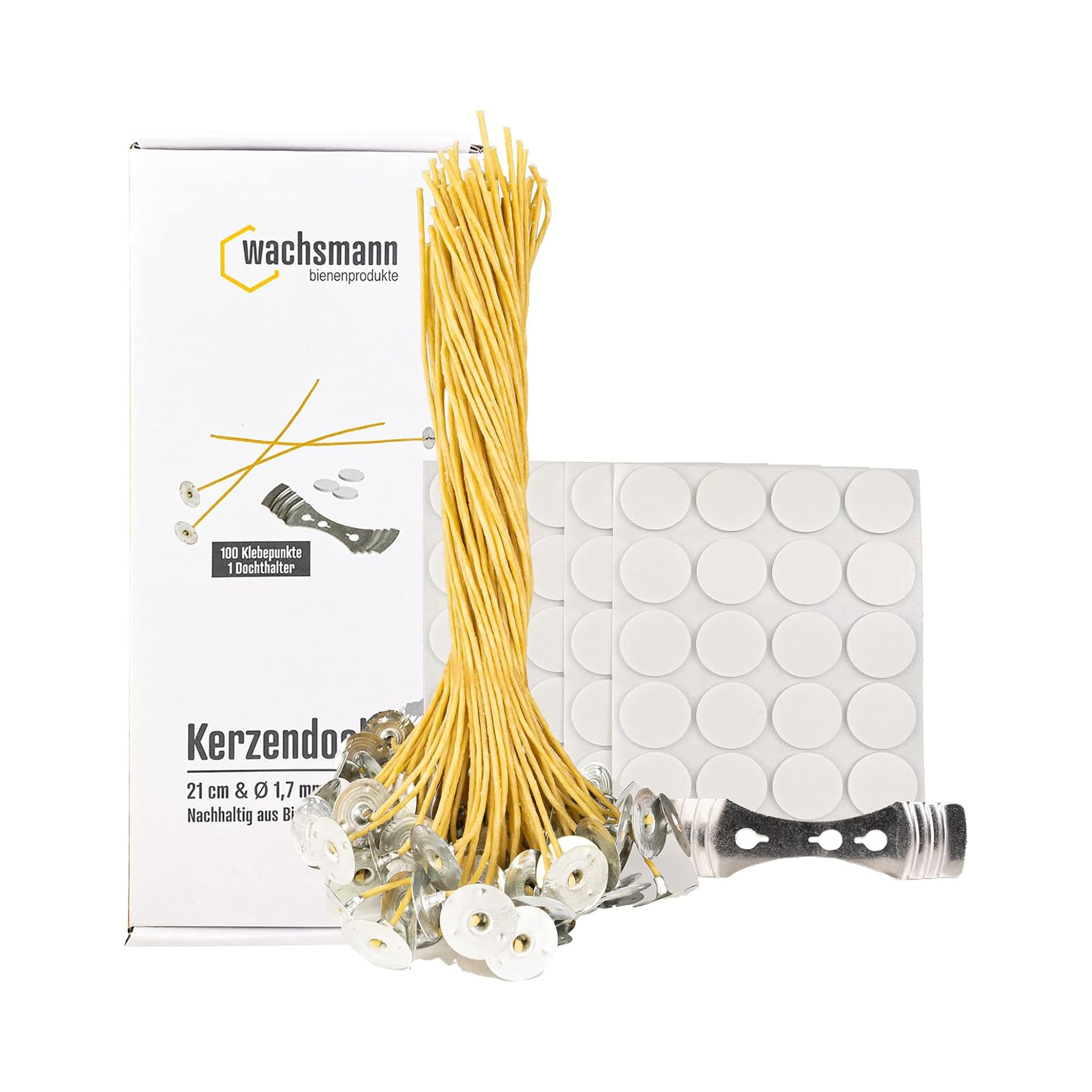 Wachsmann Paraffin-Free Candle Wicks, Sustainable, 100 Pcs, Beeswax & Hemp, Various Lengths and Diameters, With Foot, Set with Adhesive Dots and Holder