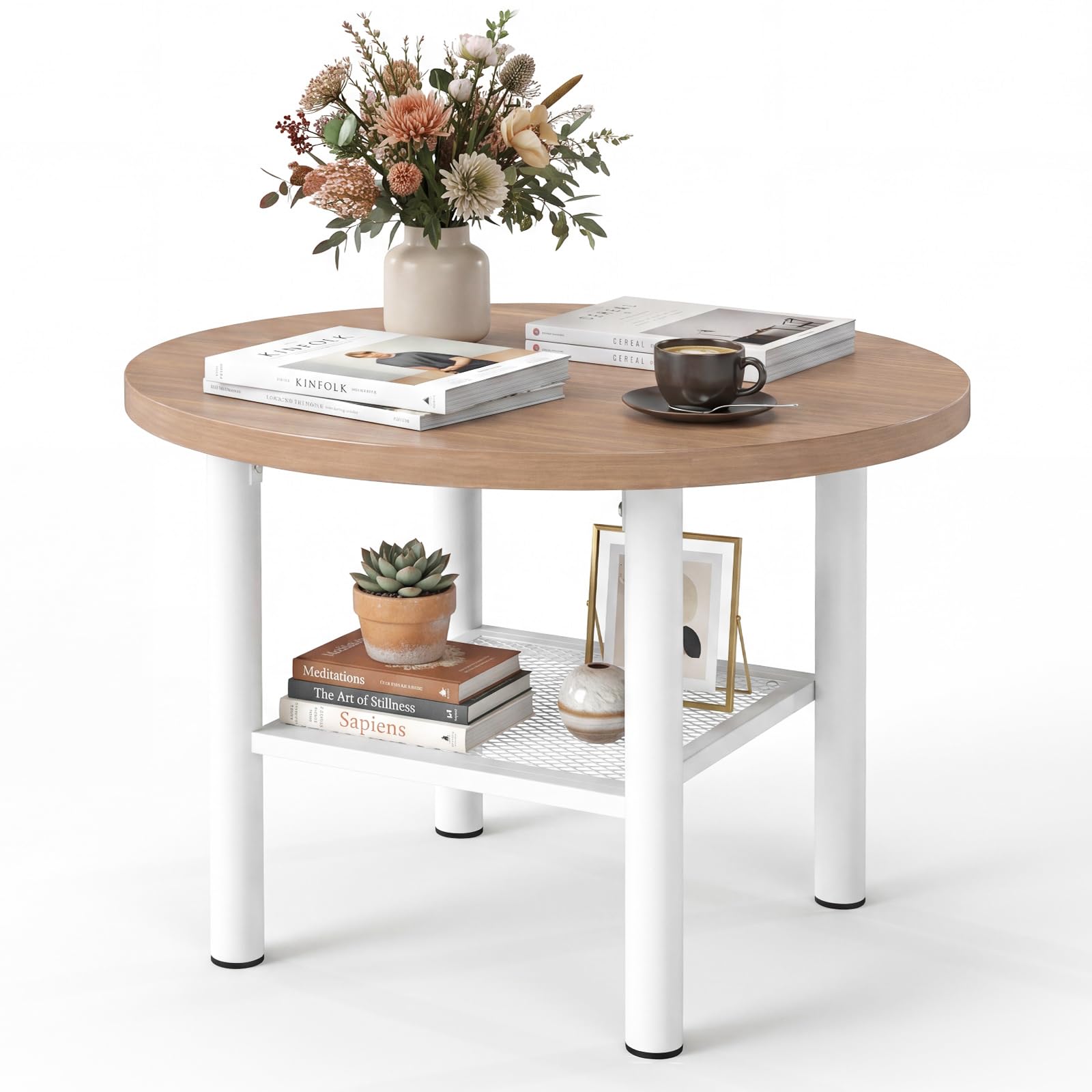 COSTWAY 2-Tier Round Coffee Table with Storage (Natural+White)