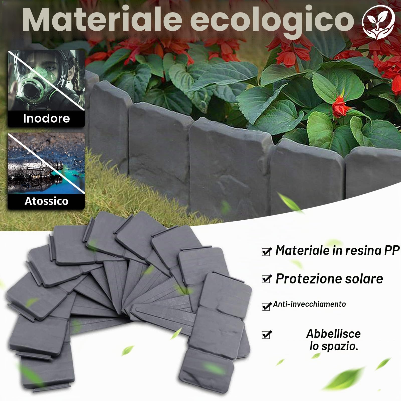 UISEBRT 30 Pezzi Bordo per Giardini Grigio 7.5m, Bordo per Prato in plastica, Effetto Pietra, Palizzata per Giardino Bordo Aiuole, Antracite