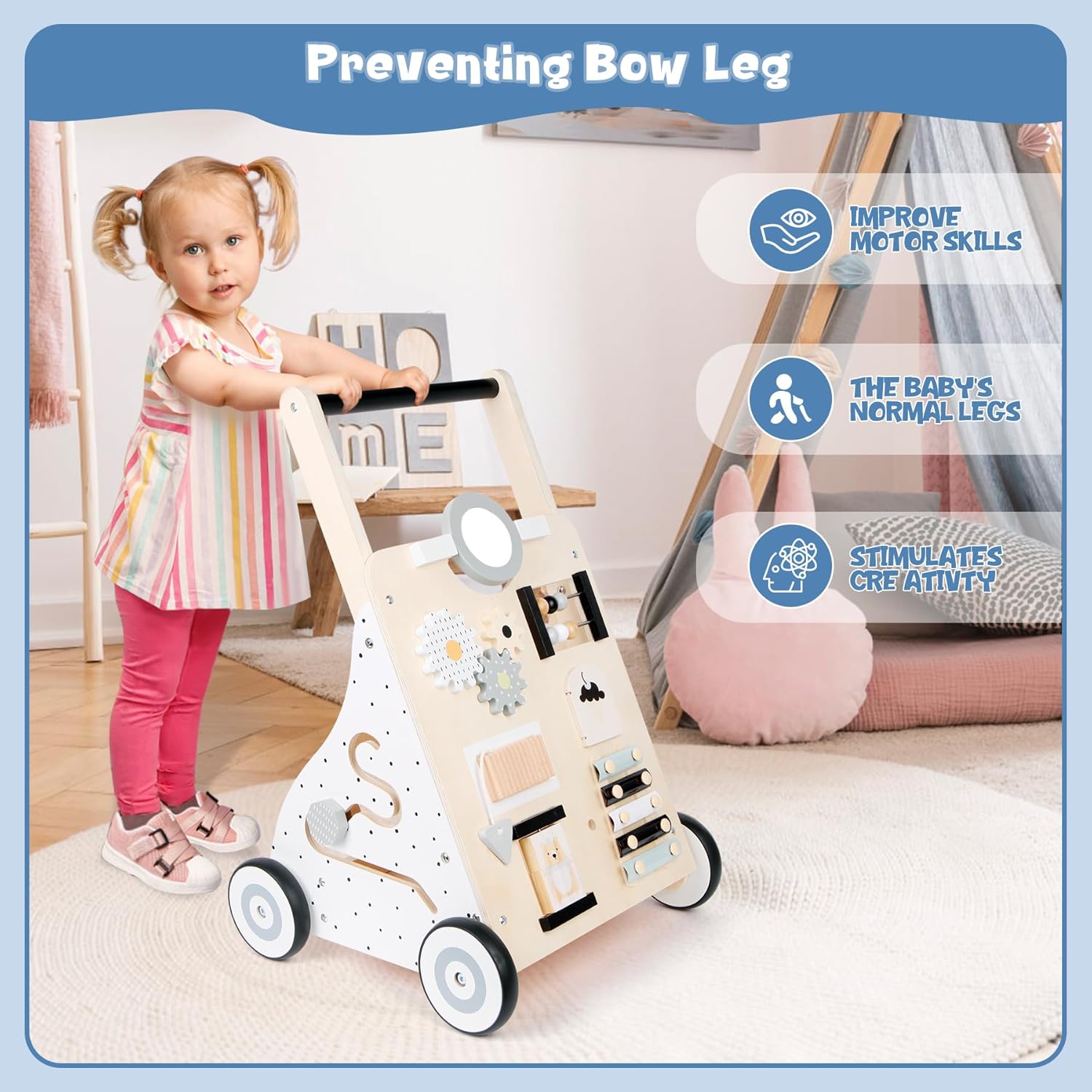 Asweets Wooden Baby Walker Push and Pull Learning Activity Walker Kids’ Activity Toy Multiple Activities Center Develops Motor Skills & Stimulates Creativity(Natural) - Image 7