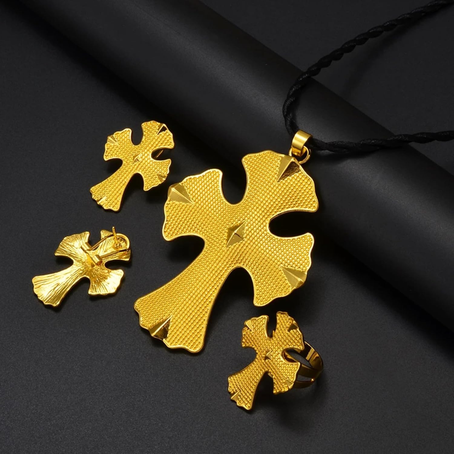 Ethiopian Jewelry for Women Set Eritrean Jewelry Set for Women African Cross Jewelry Sets Ethiopian Eritrea Pendant Black Rope Earrings Ring for Womens Engagement