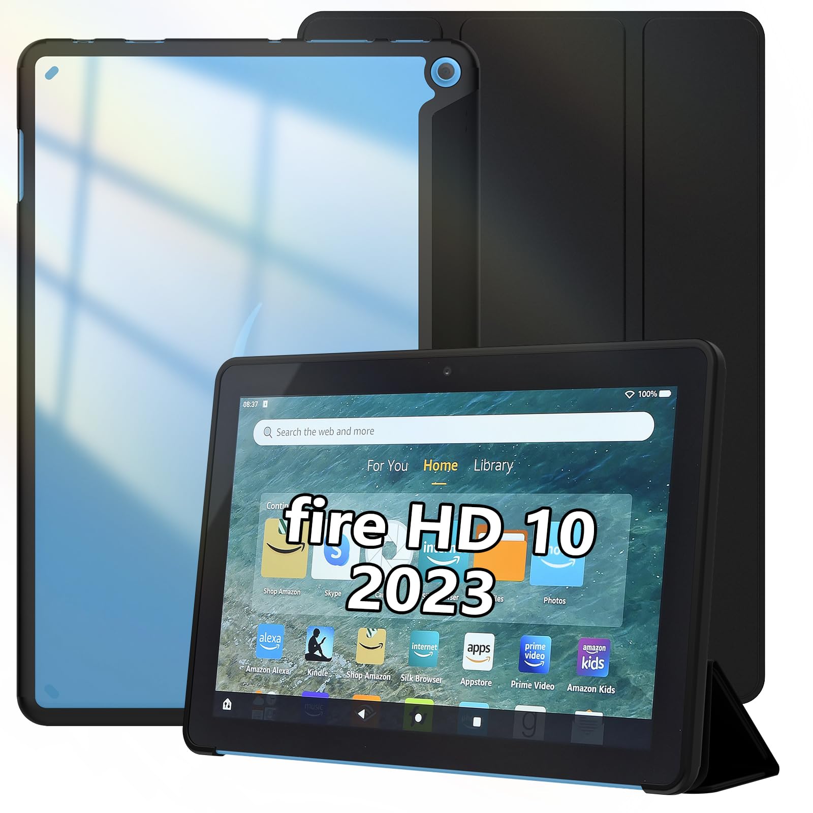 Hianjoo Fire HD 10 2023年発売 対応 ケース タブレット用ケース Fire HD 10 第13世代 対応 カバー 三つ折り スタンド機能付き オートスリープ機能 全面保護 耐衝撃 透明のPC裏カバー - 黒