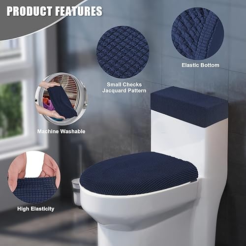 Miniatura 3 de Funda para tapa de inodoro y tanque de inodoro, juego de fundas elásticas para inodoro para baño, tela jacquard de poliéster y elastano, lavable a
