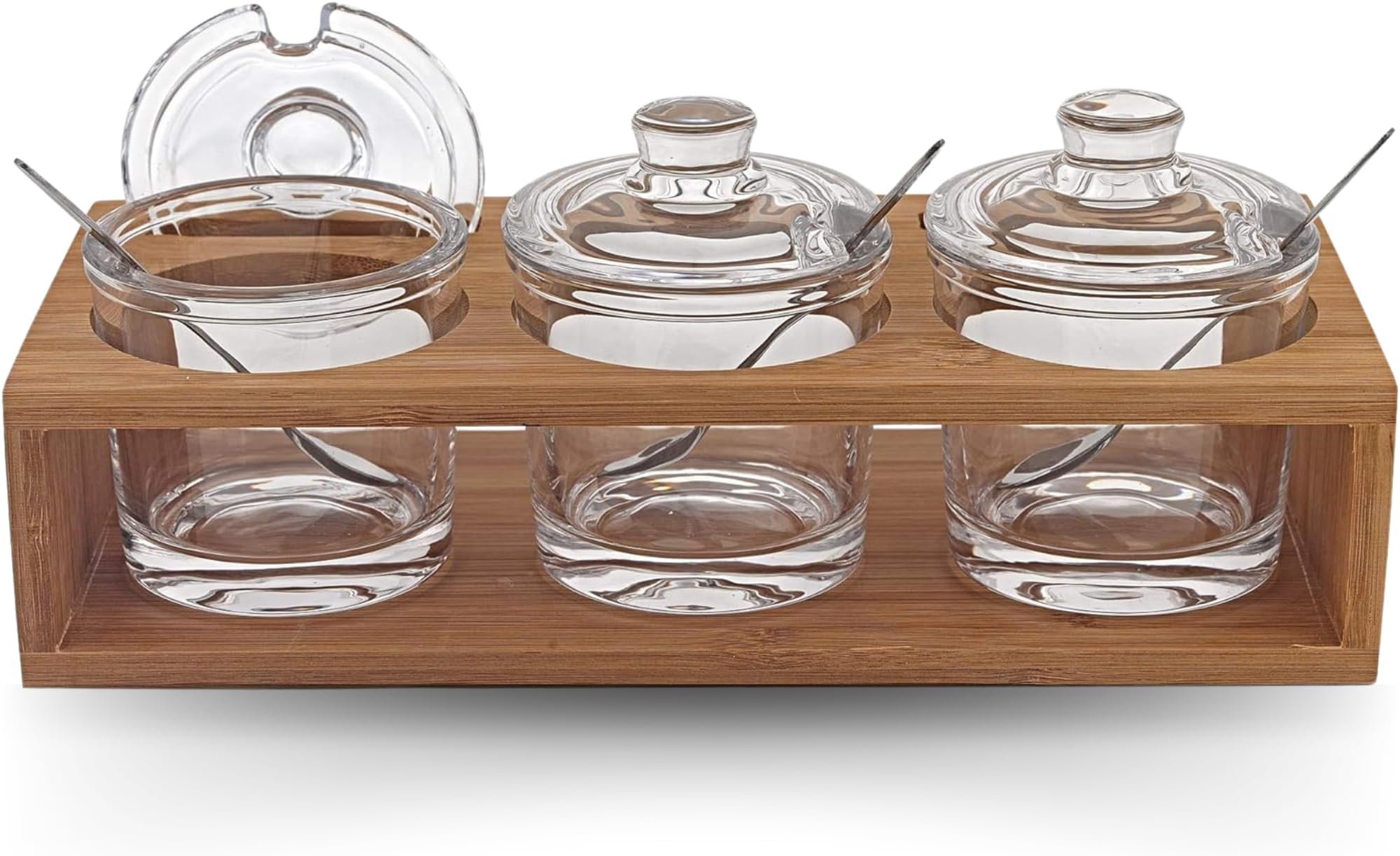 Crystal Glass Jar Set - 10-Piece Glass Jars with Lids, Spoons, and Wood Stand for Jam, Honey, Spice, or Condiments - Ideal for Salad Dressing & Sauce
