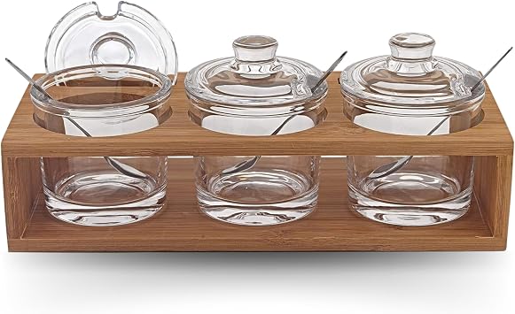 Badash Crystal Glass Jar Set - 10-Piece Glass Jars with Lids, Spoons, and Wood Stand for Jam, Honey, Spice, or Condiments - Ideal for Salad Dressing & Sauce